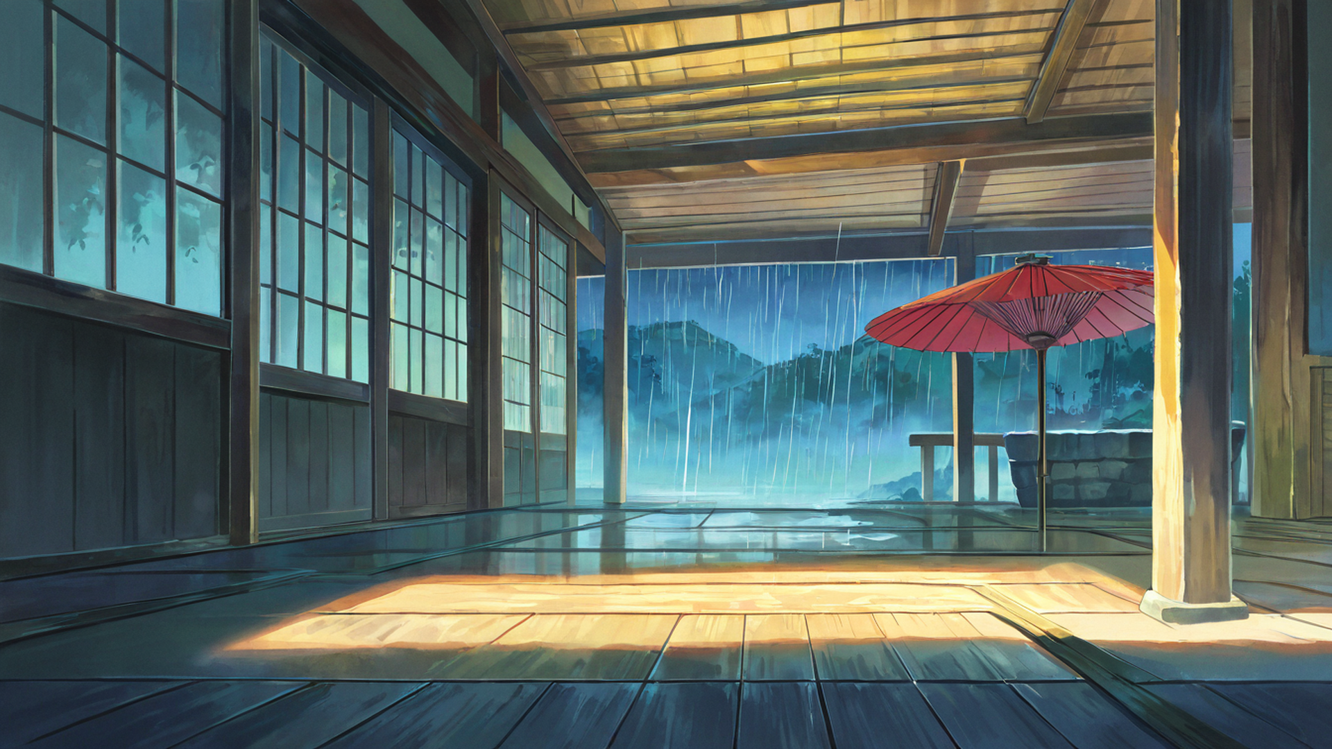 rainy porch engawa lofi wallpaper