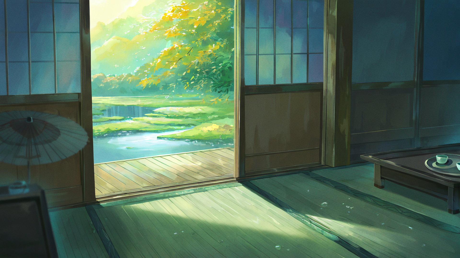 rainy porch engawa lofi wallpaper