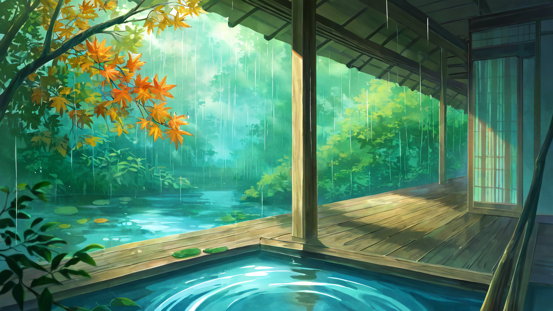 rainy porch engawa lofi wallpaper