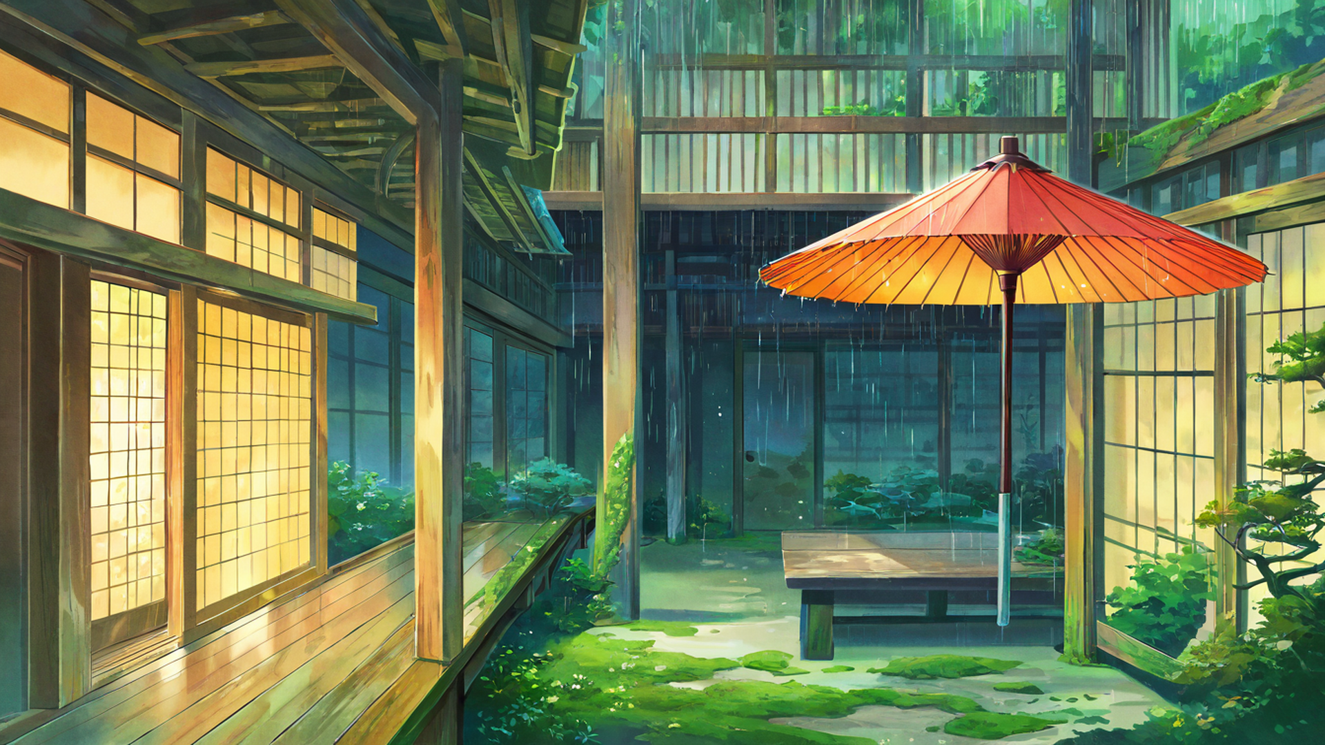 rainy porch engawa lofi wallpaper