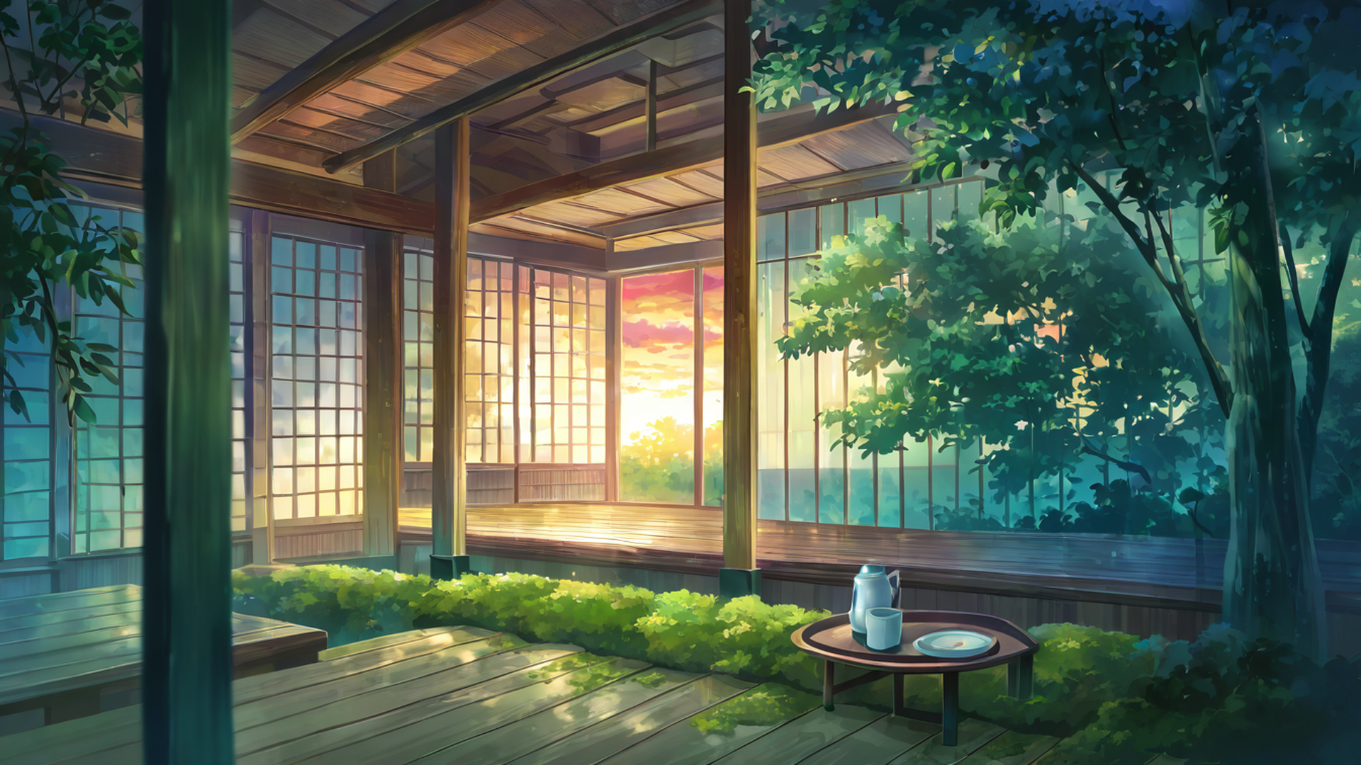 rainy porch engawa lofi wallpaper