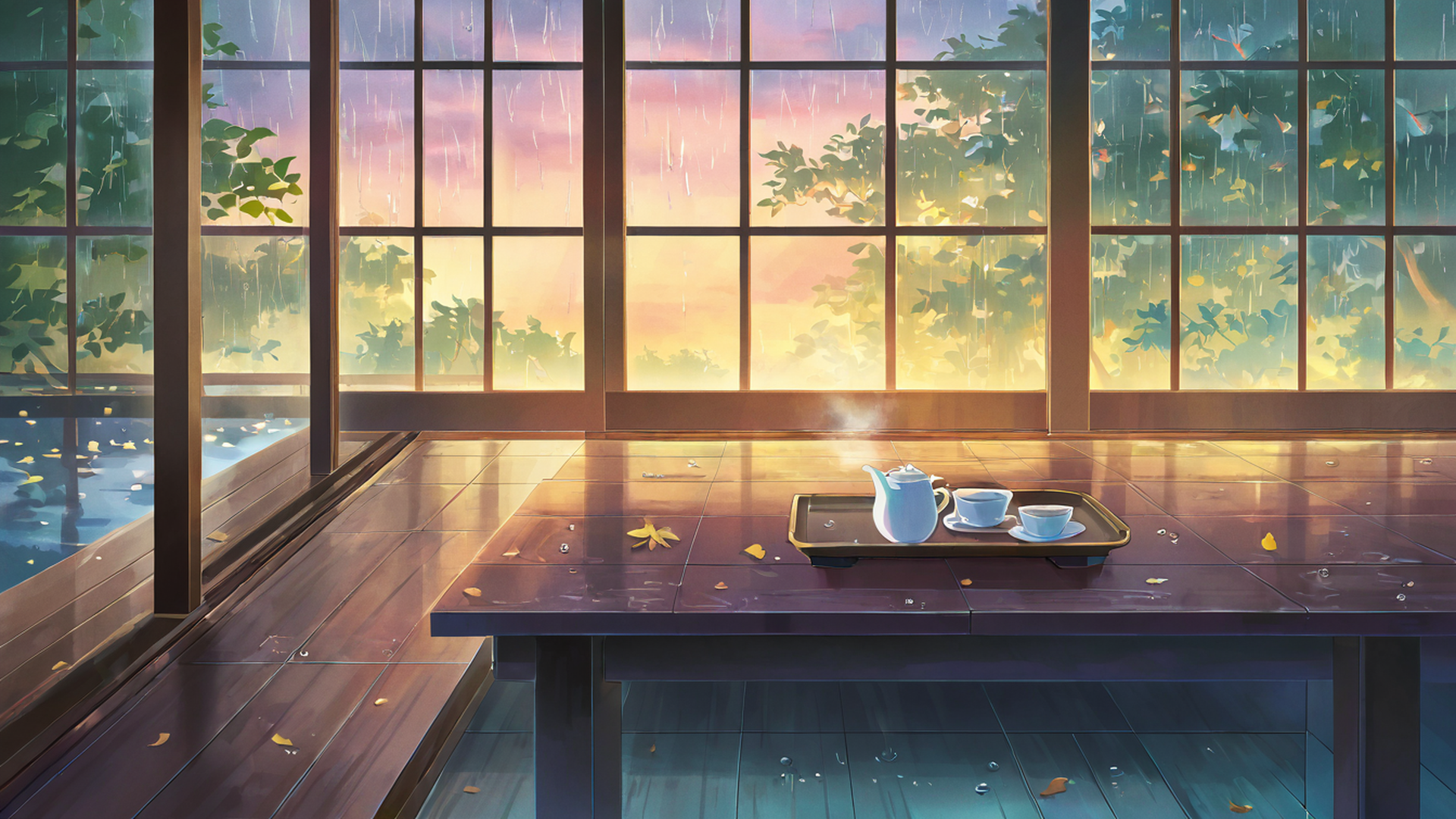 rainy porch engawa lofi wallpaper