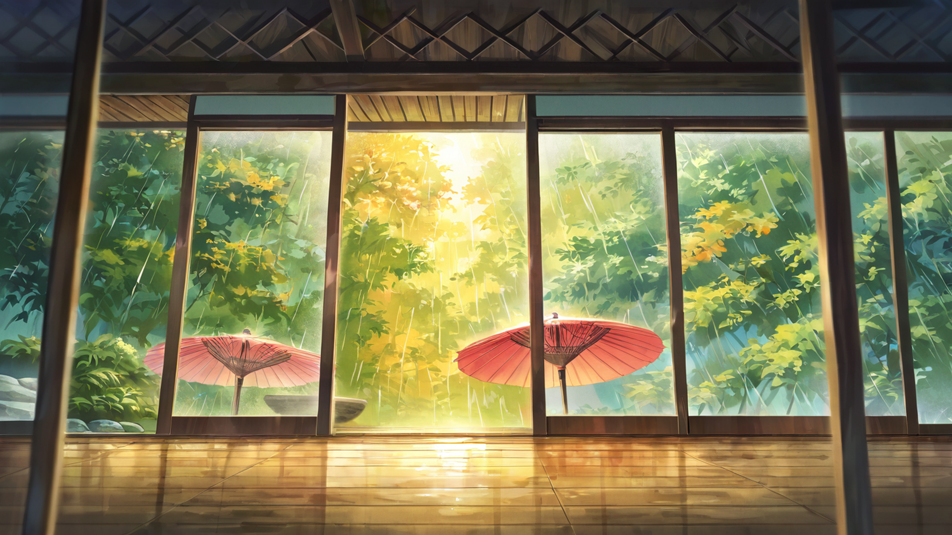 rainy porch engawa lofi wallpaper