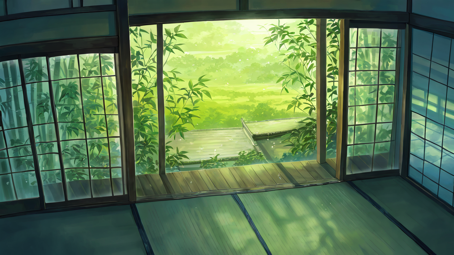 rainy porch engawa lofi wallpaper