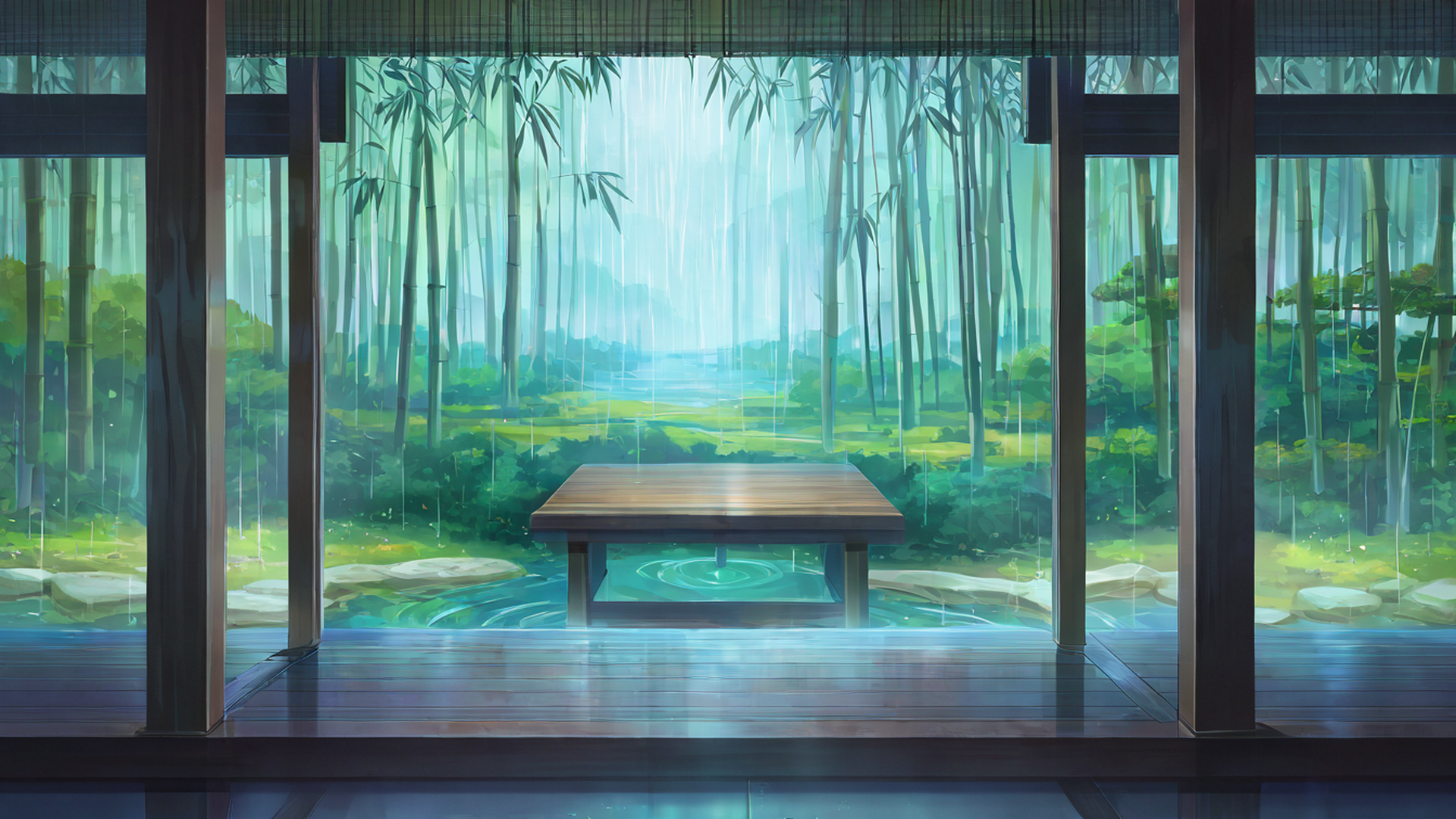 rainy porch engawa lofi wallpaper