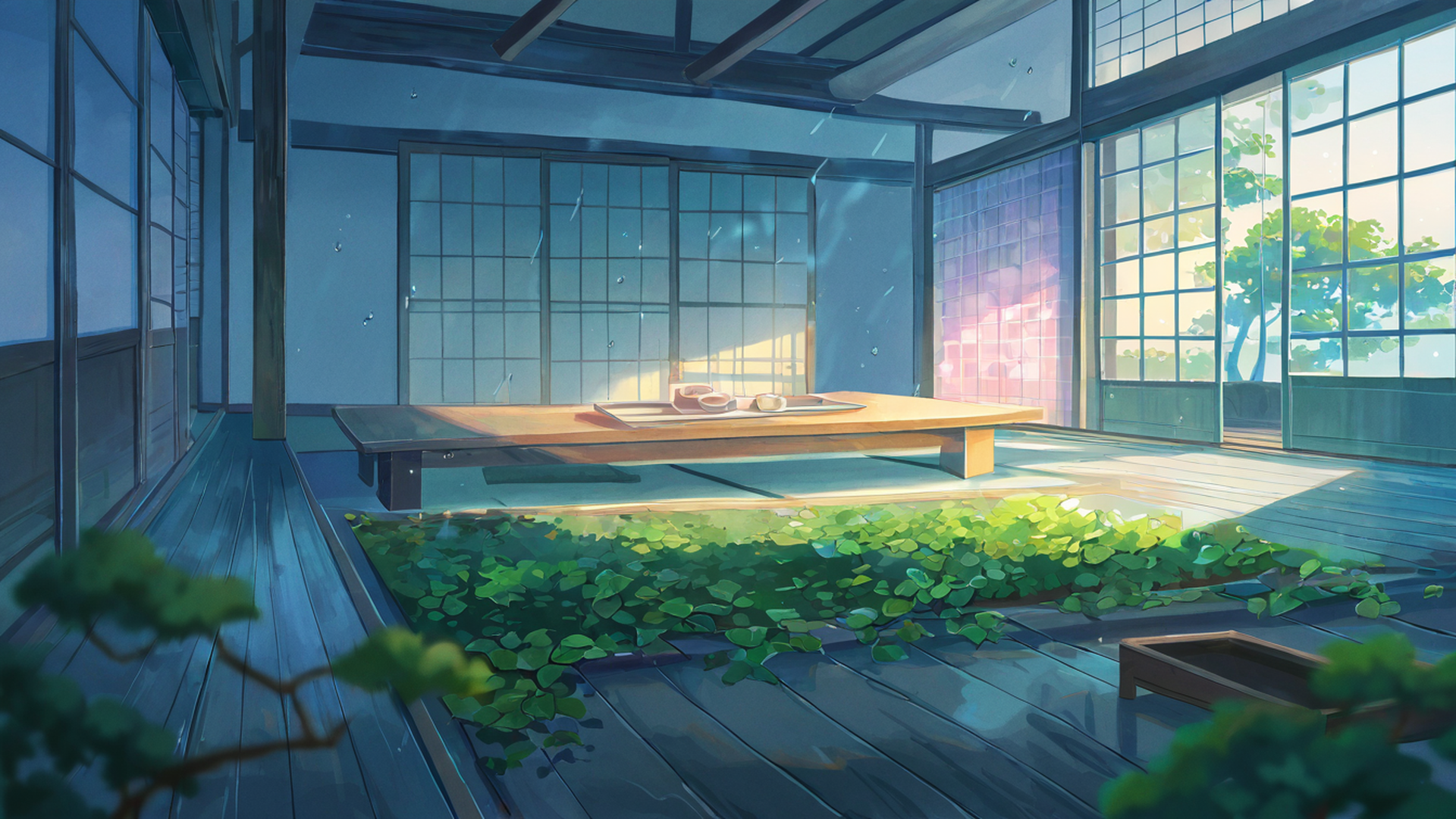rainy porch engawa lofi wallpaper