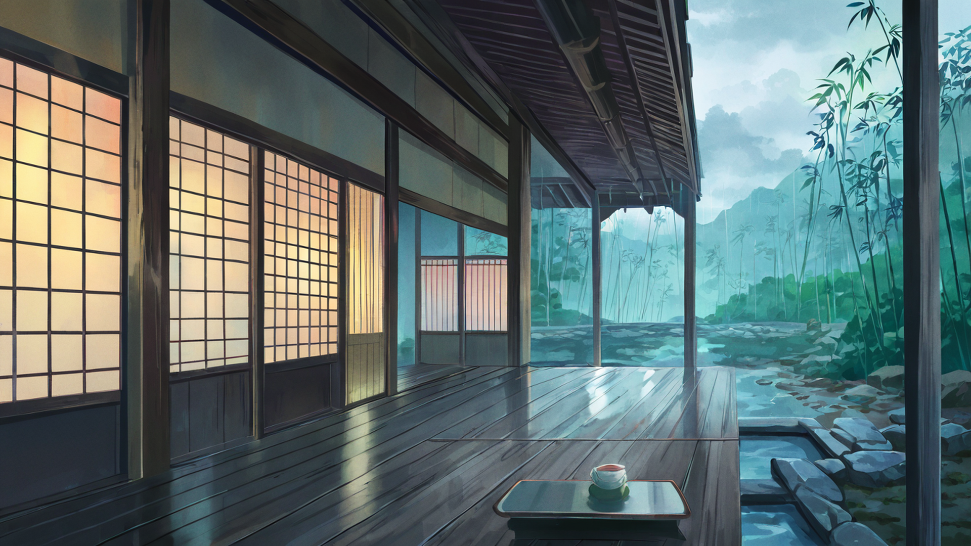 rainy porch engawa lofi wallpaper