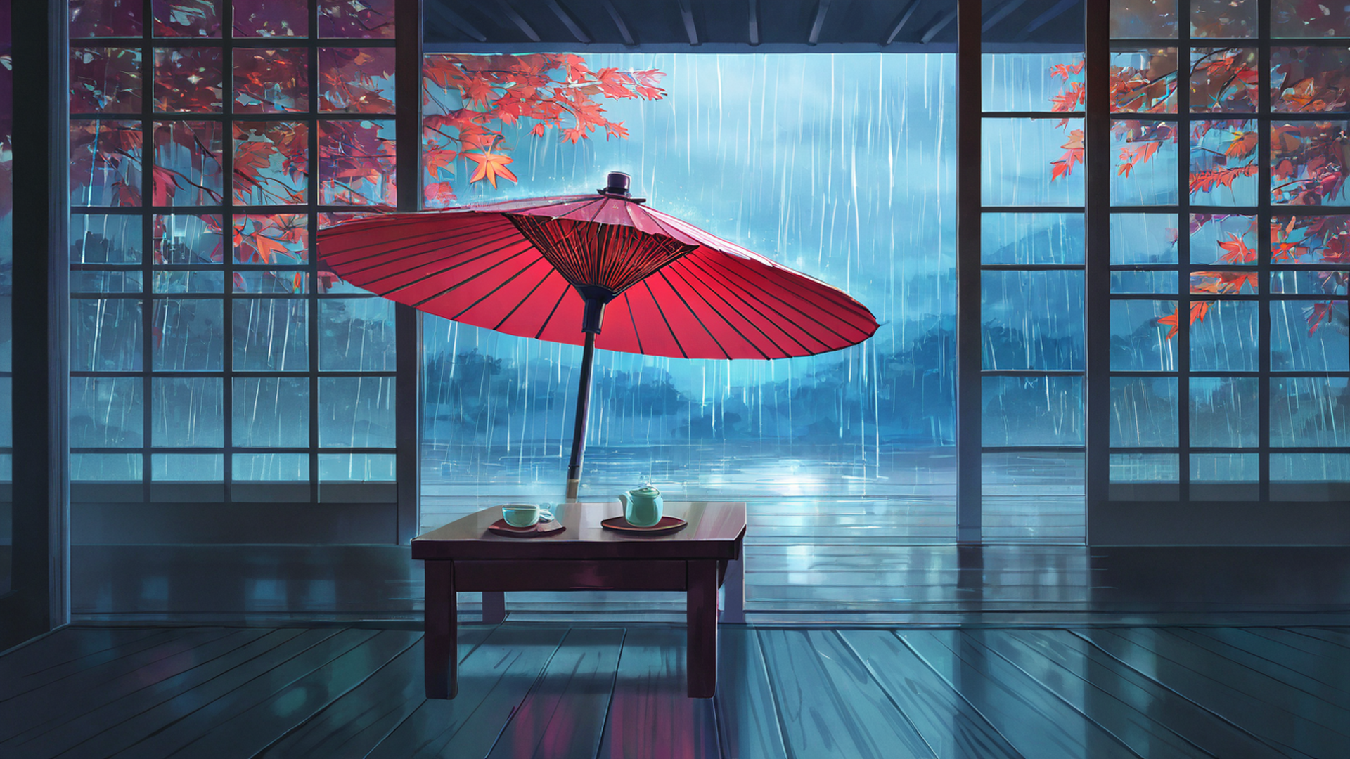 rainy porch engawa lofi wallpaper