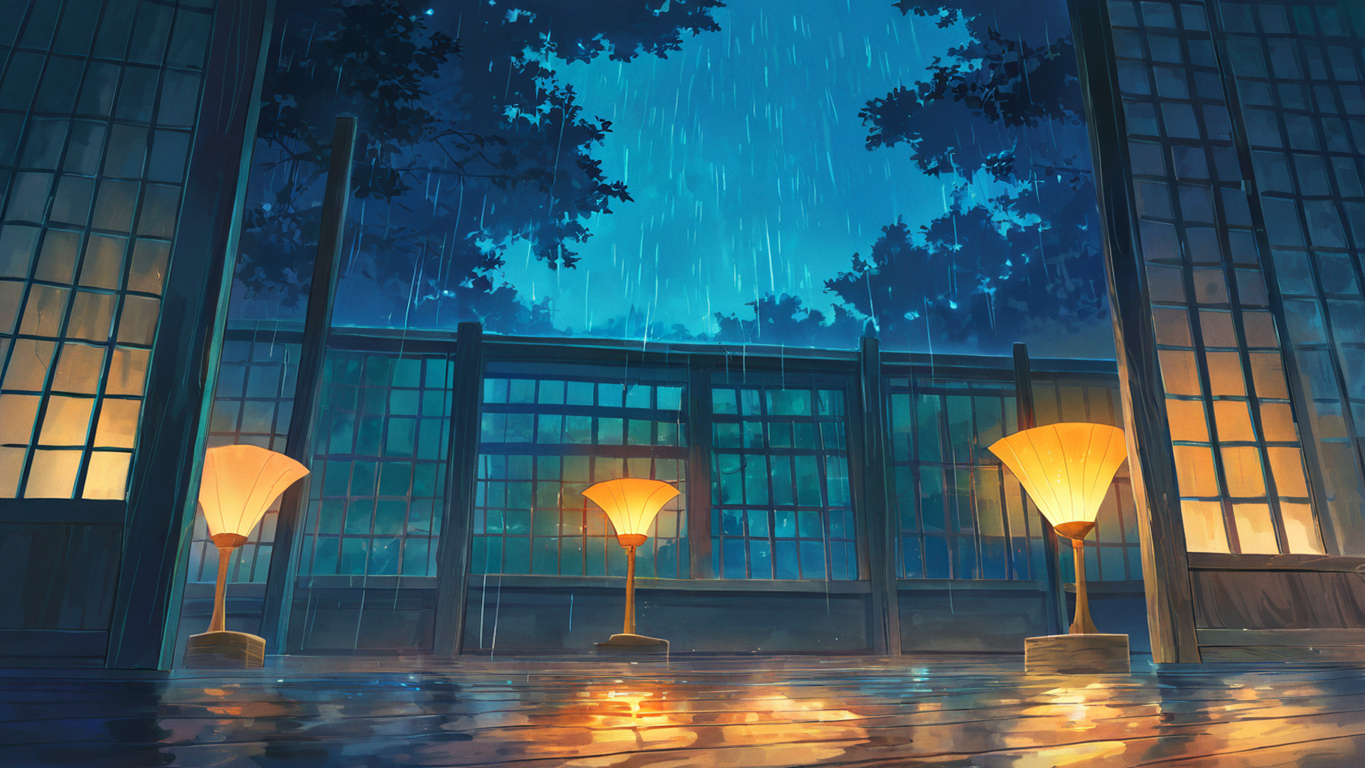 rainy porch engawa lofi wallpaper