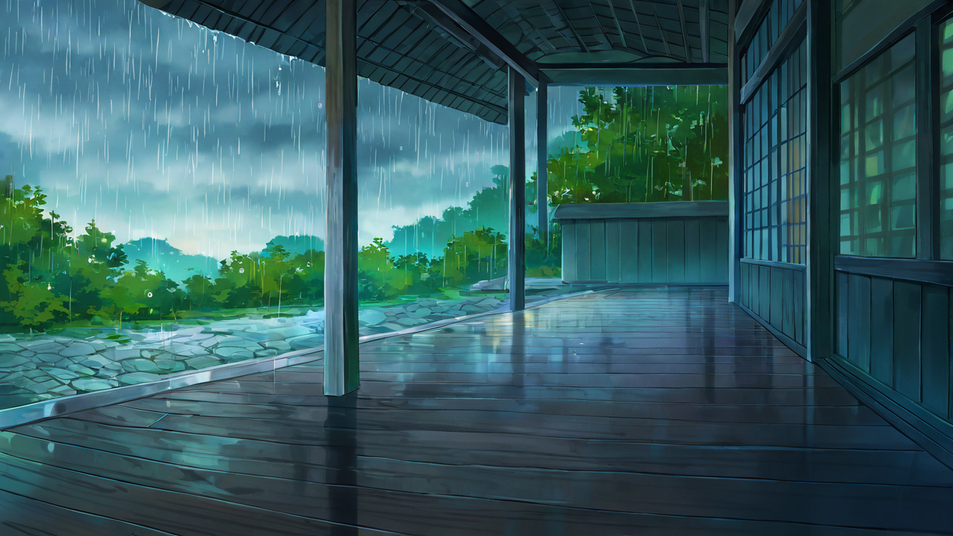 rainy porch engawa lofi wallpaper