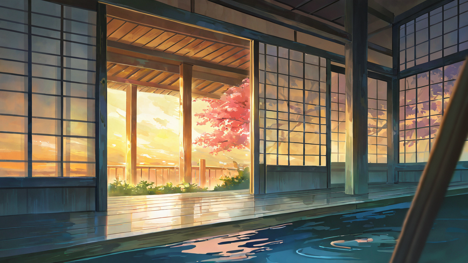 rainy porch engawa lofi wallpaper