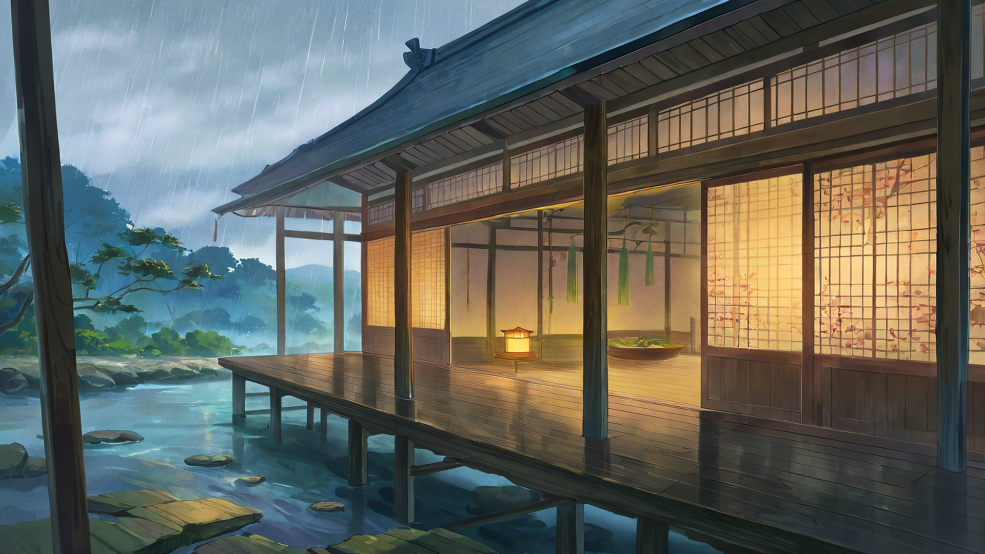 rainy porch engawa lofi wallpaper
