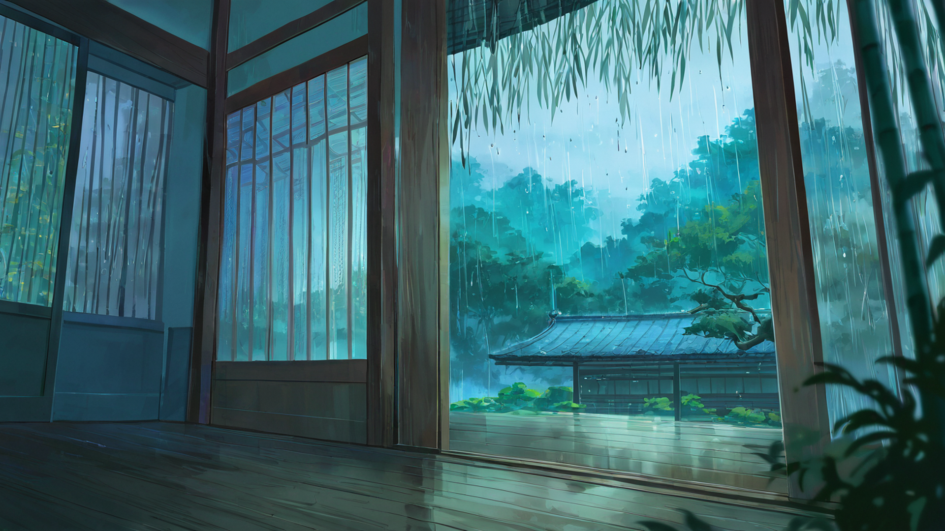rainy porch engawa lofi wallpaper