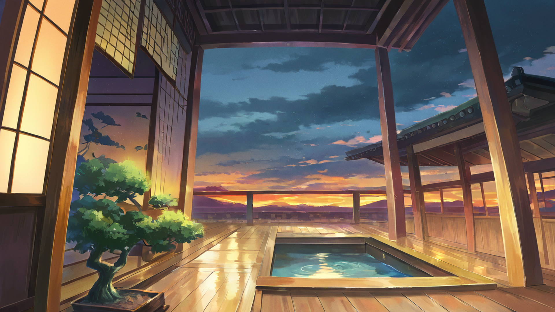 rainy porch engawa lofi wallpaper