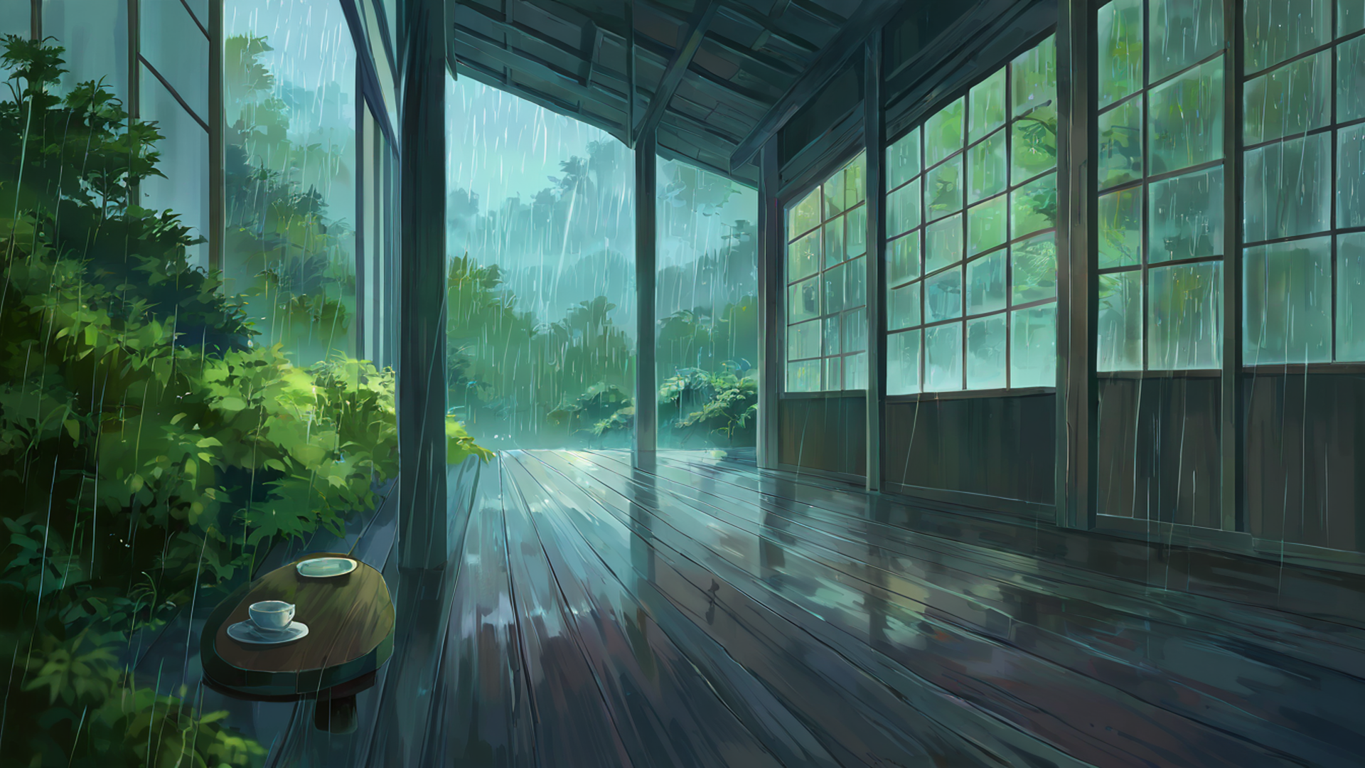 rainy porch engawa lofi wallpaper