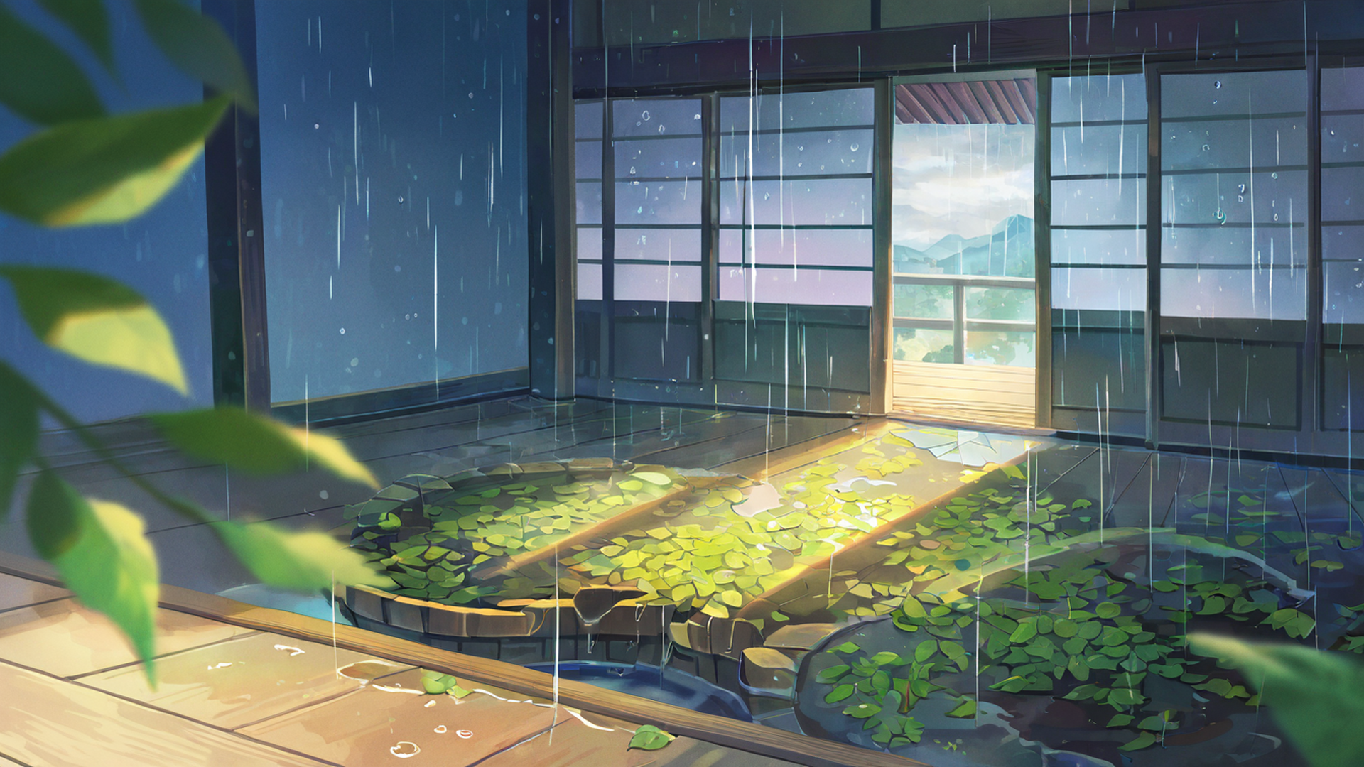 rainy porch engawa lofi wallpaper