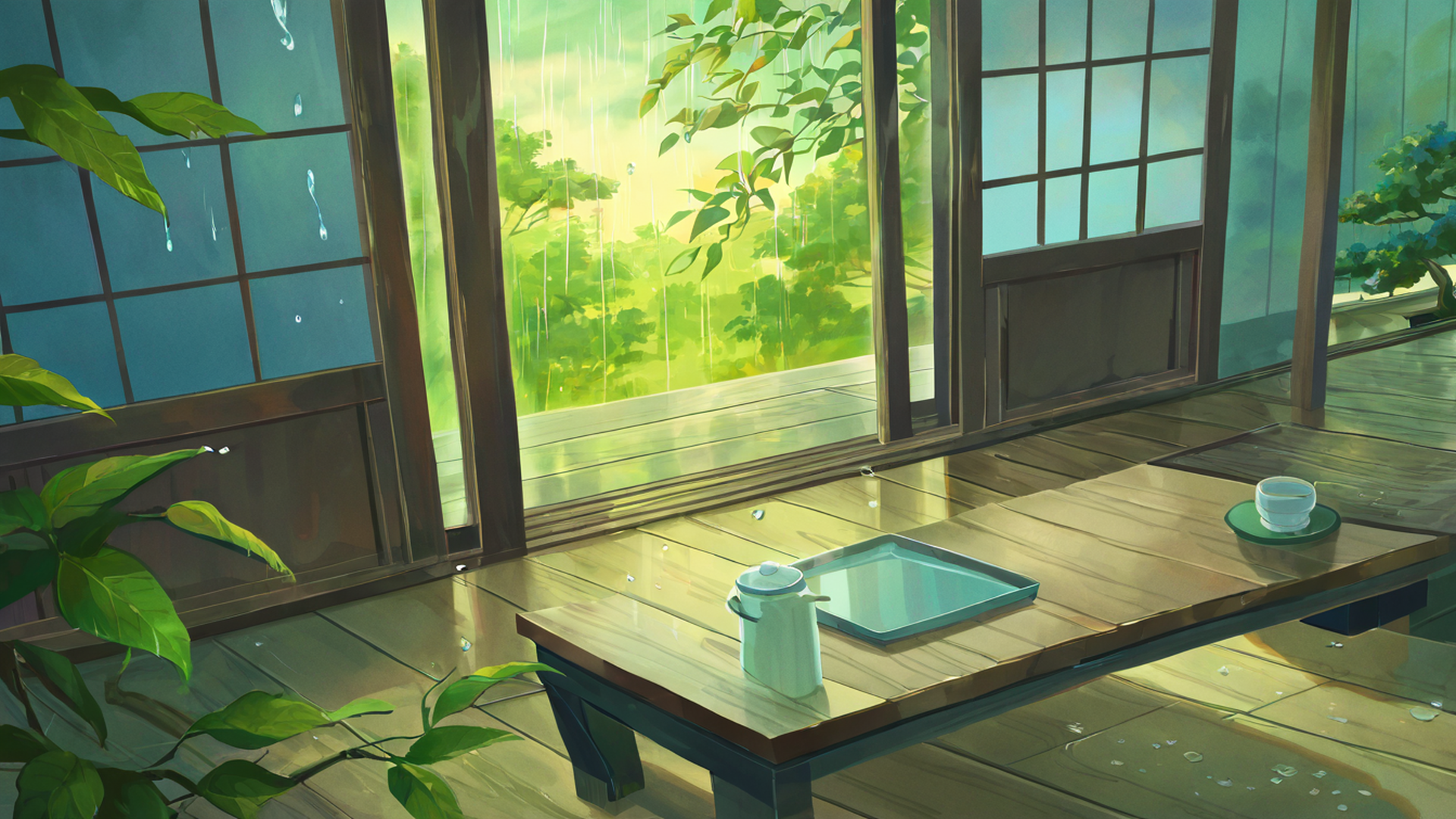 rainy porch engawa lofi wallpaper