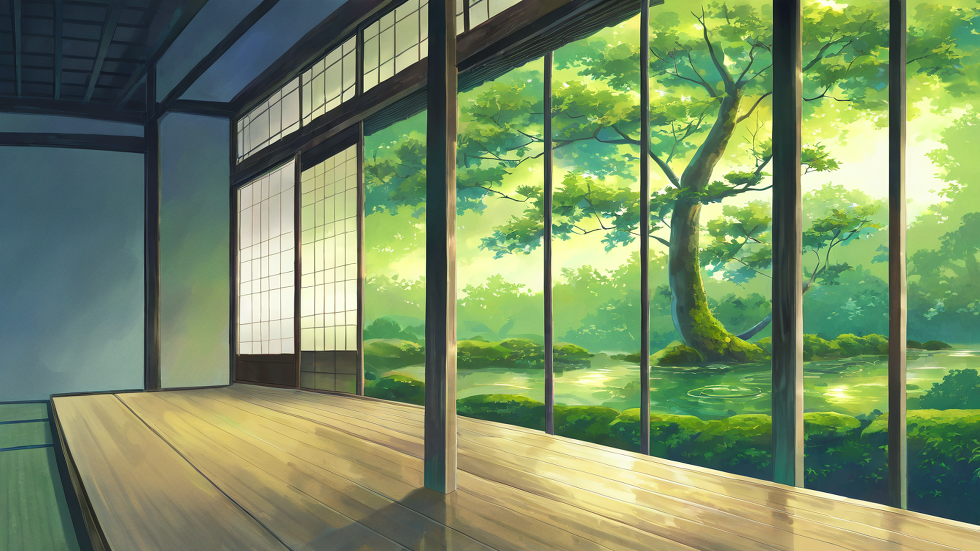 rainy porch engawa lofi wallpaper