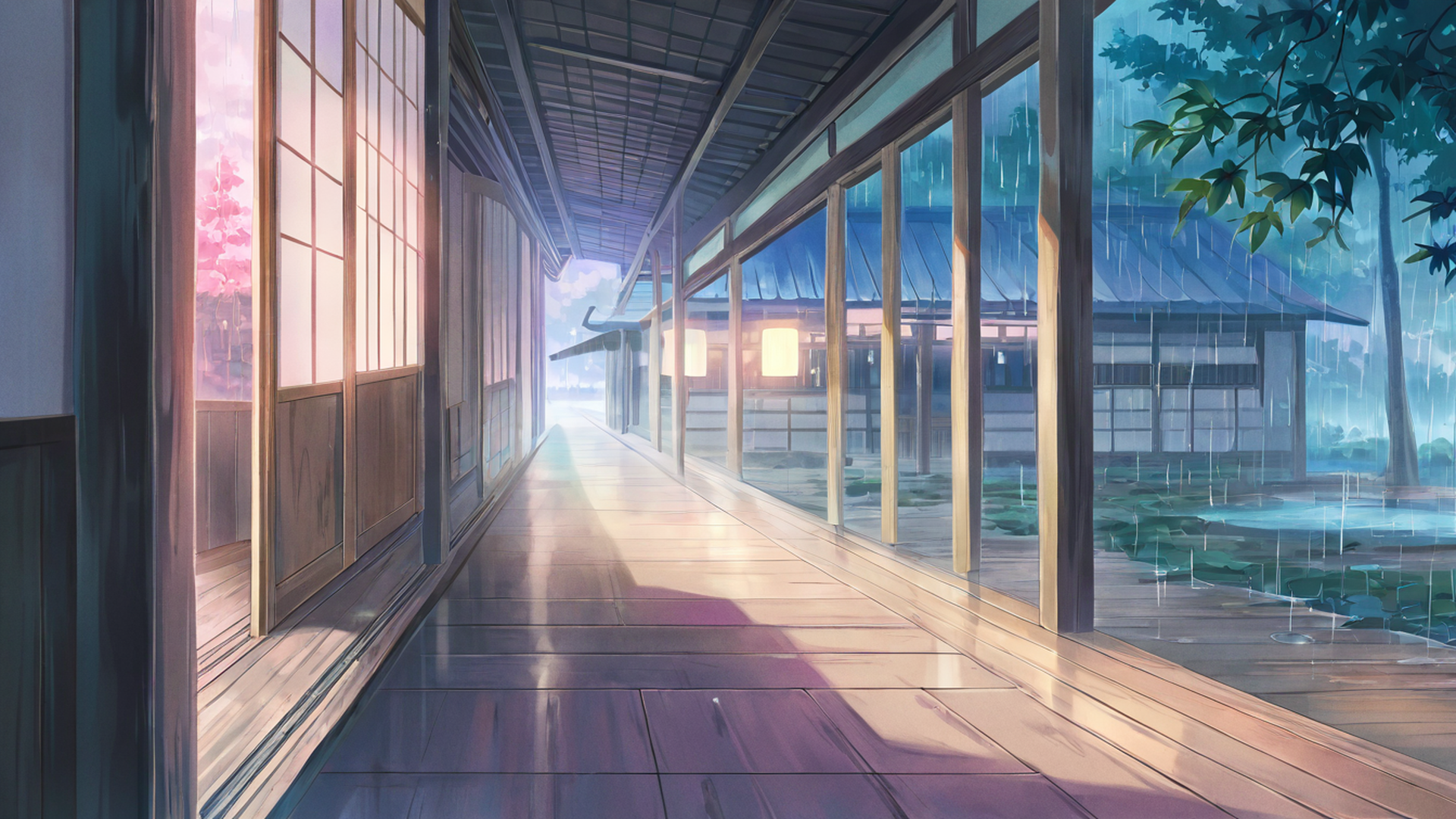 rainy porch engawa lofi wallpaper