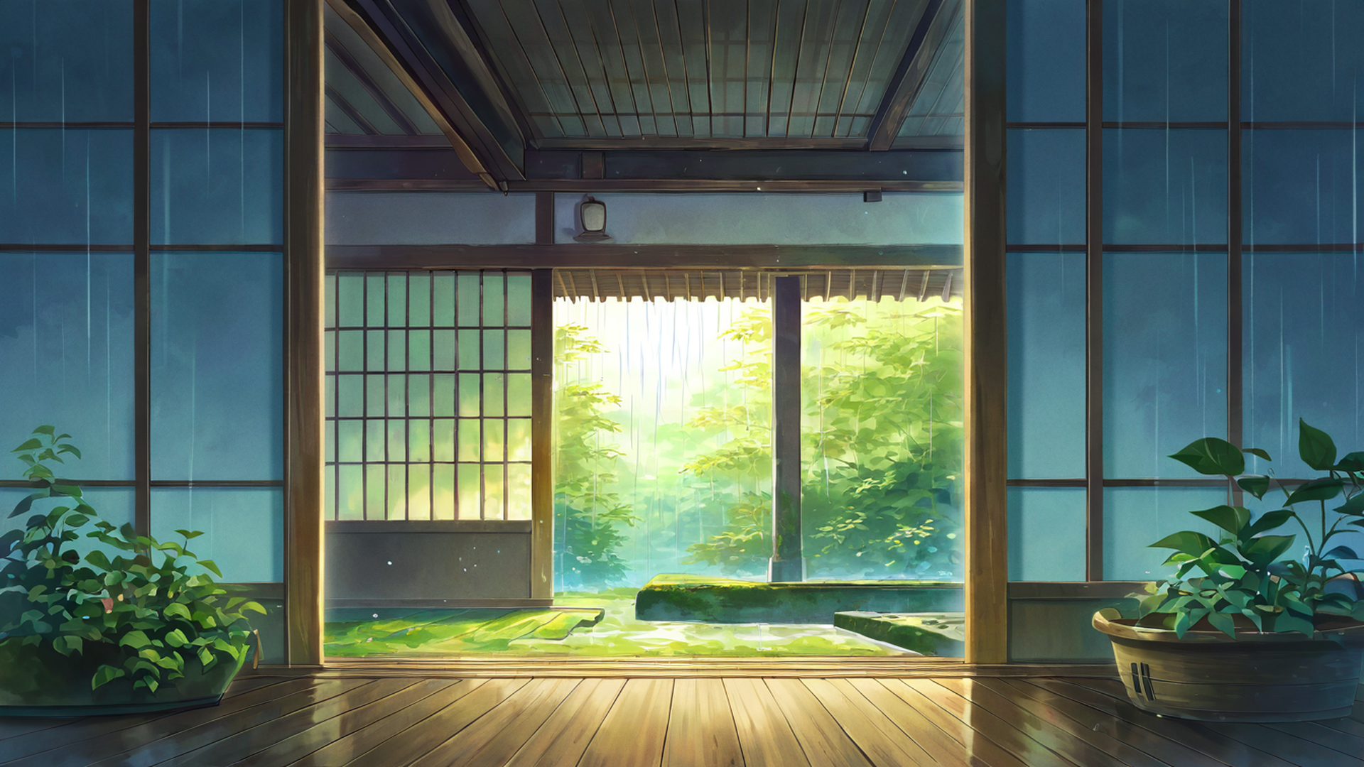 rainy porch engawa lofi wallpaper