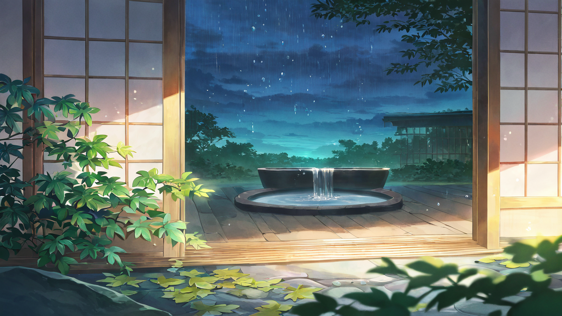 rainy porch engawa lofi wallpaper