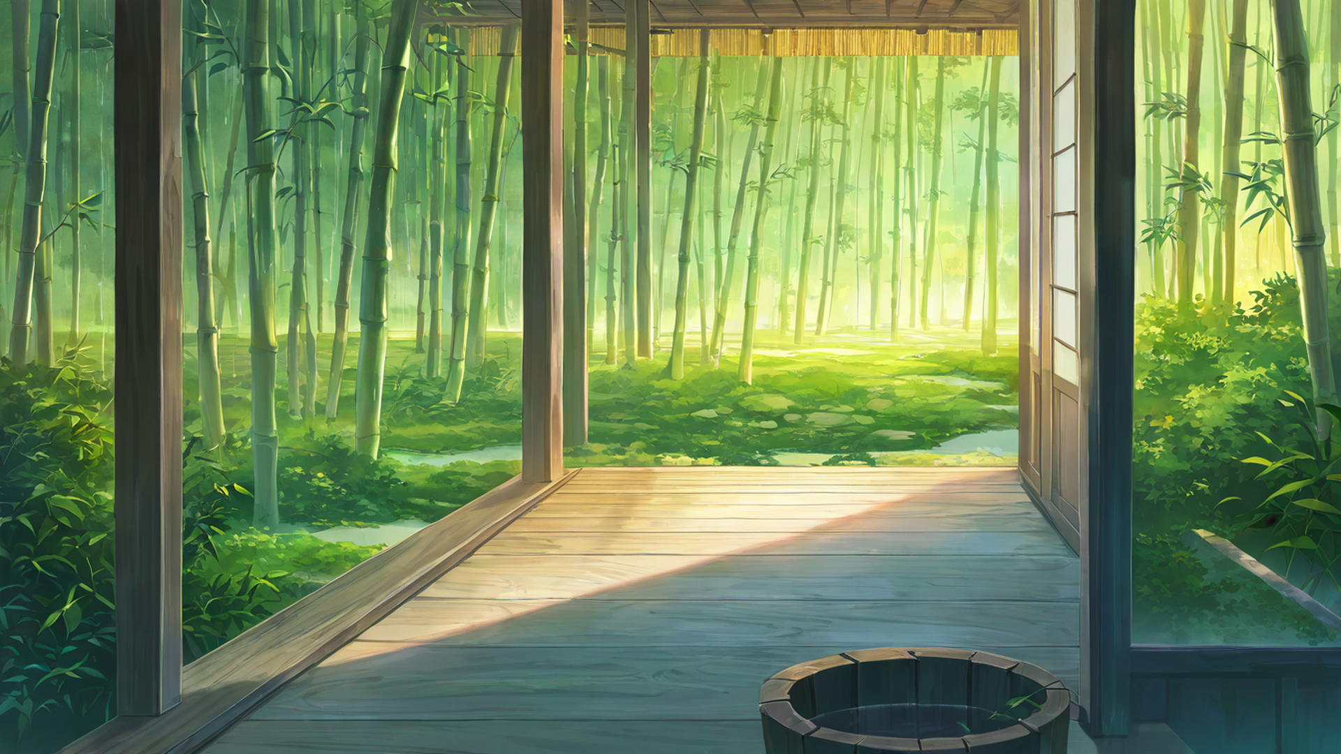 rainy porch engawa lofi wallpaper