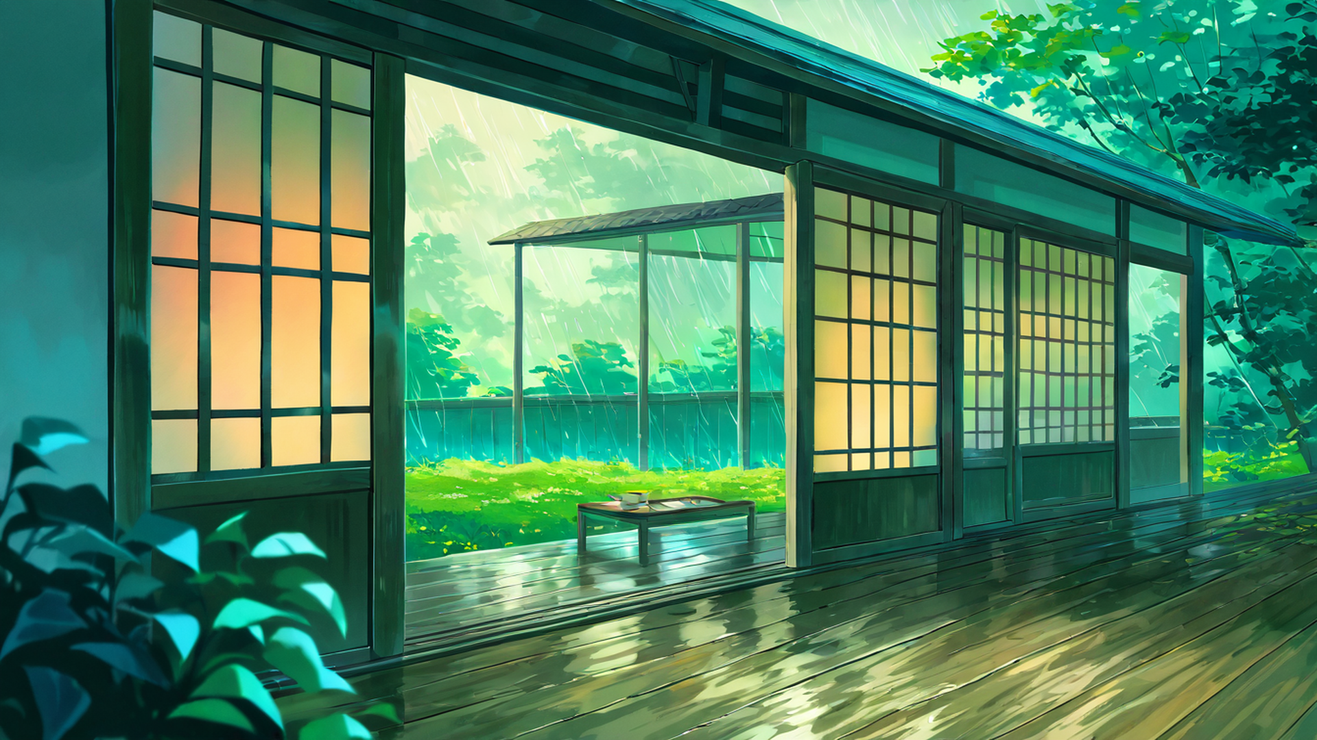 rainy porch engawa lofi wallpaper