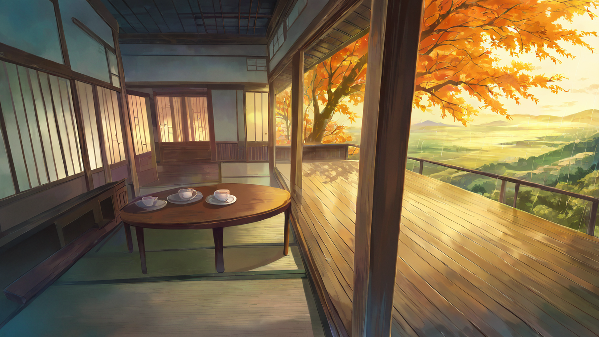 rainy porch engawa lofi wallpaper