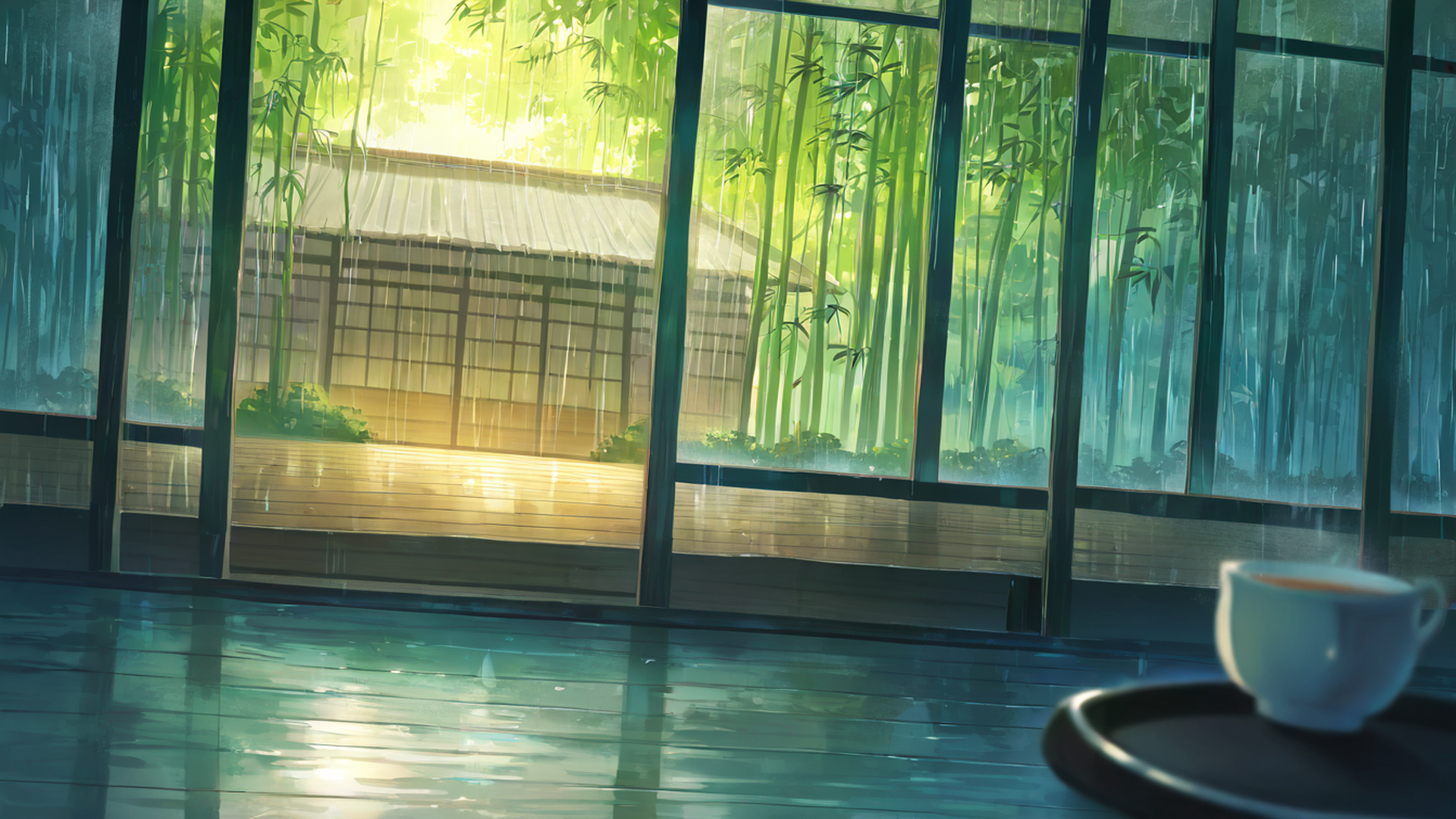 rainy porch engawa lofi wallpaper