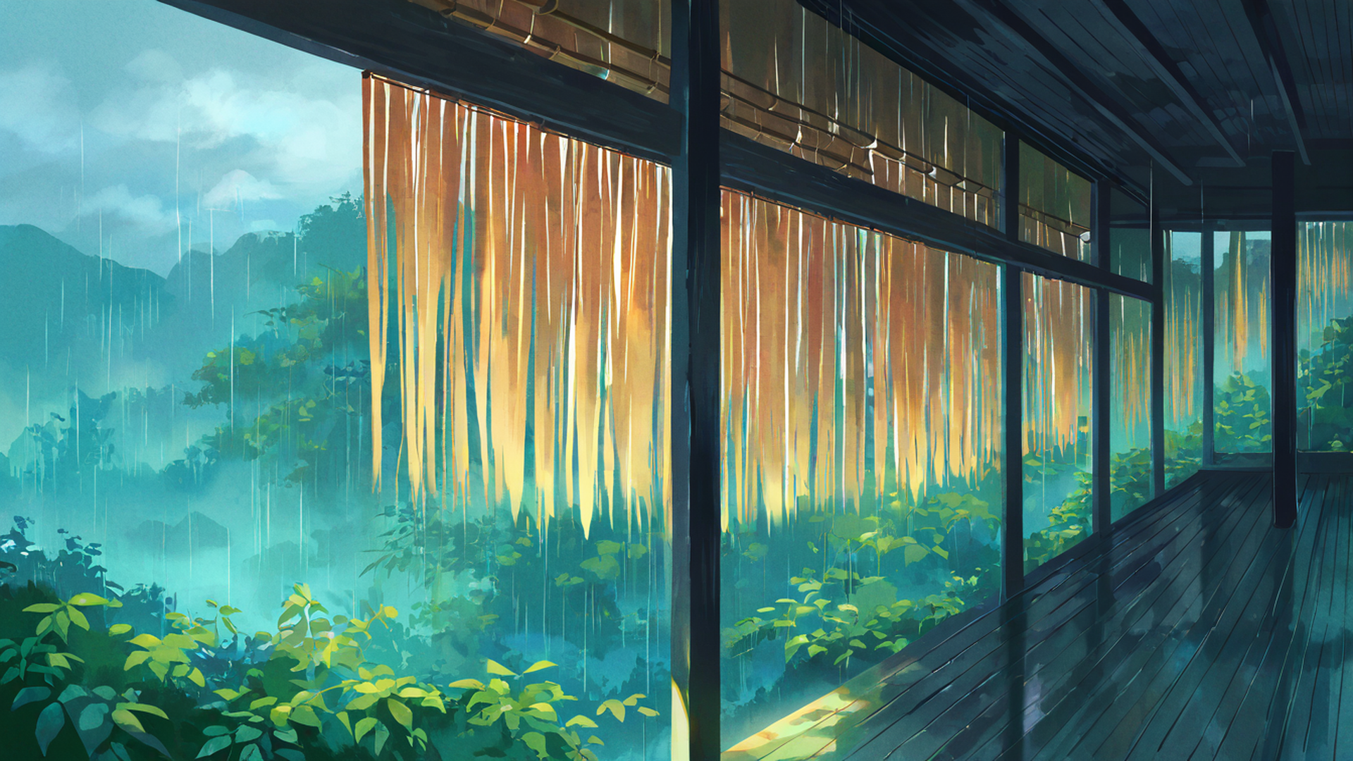 rainy porch engawa lofi wallpaper