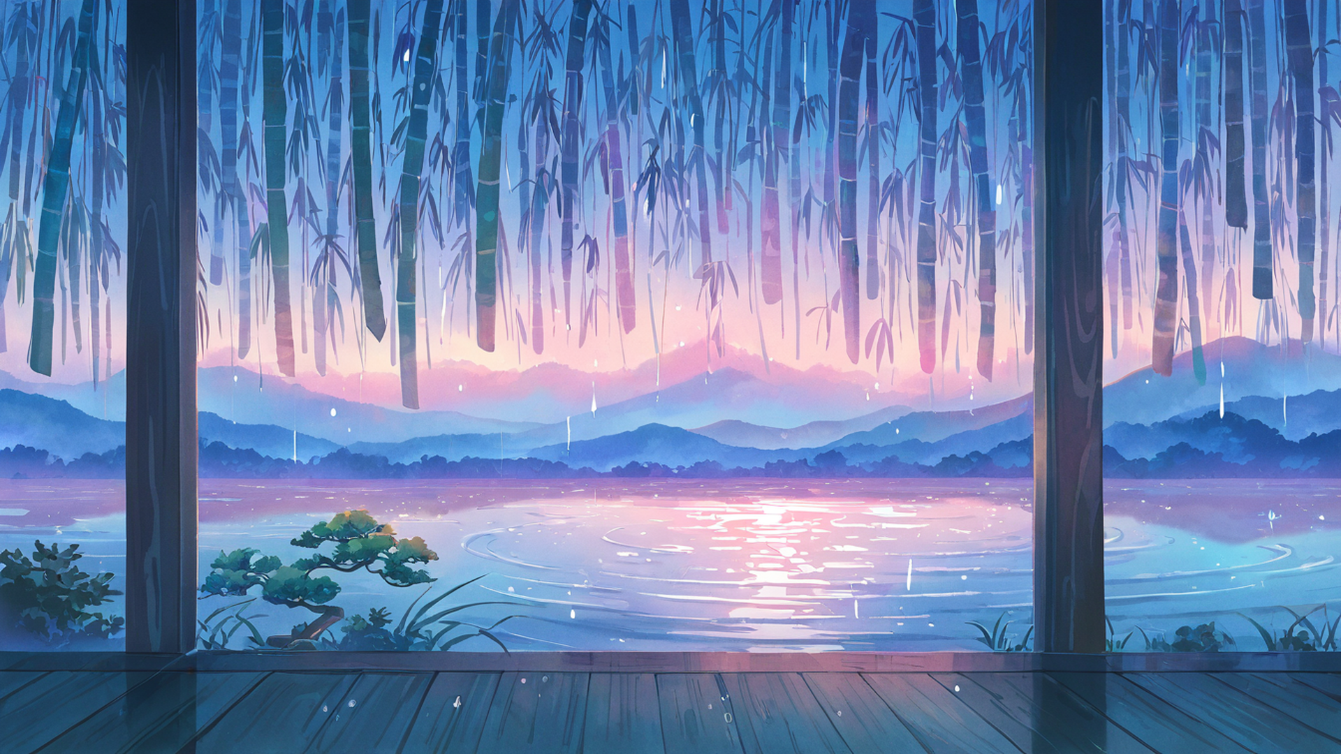 rainy porch engawa lofi wallpaper