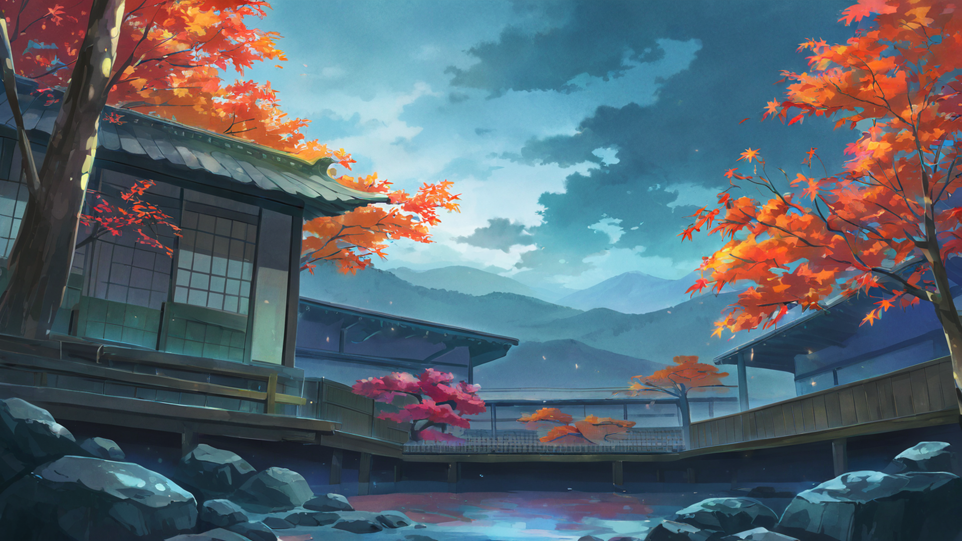 rainy porch engawa lofi wallpaper