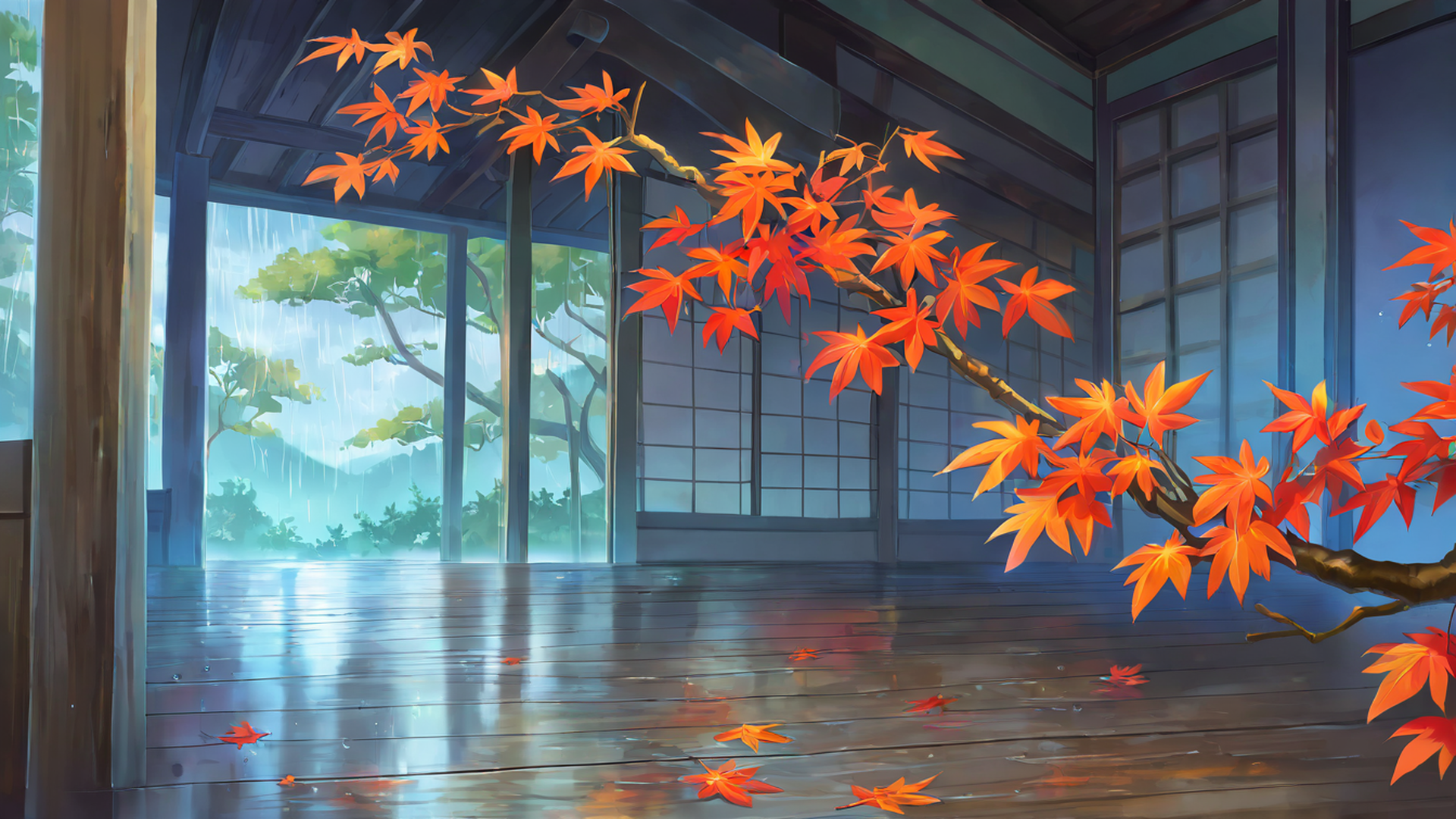 rainy porch engawa lofi wallpaper