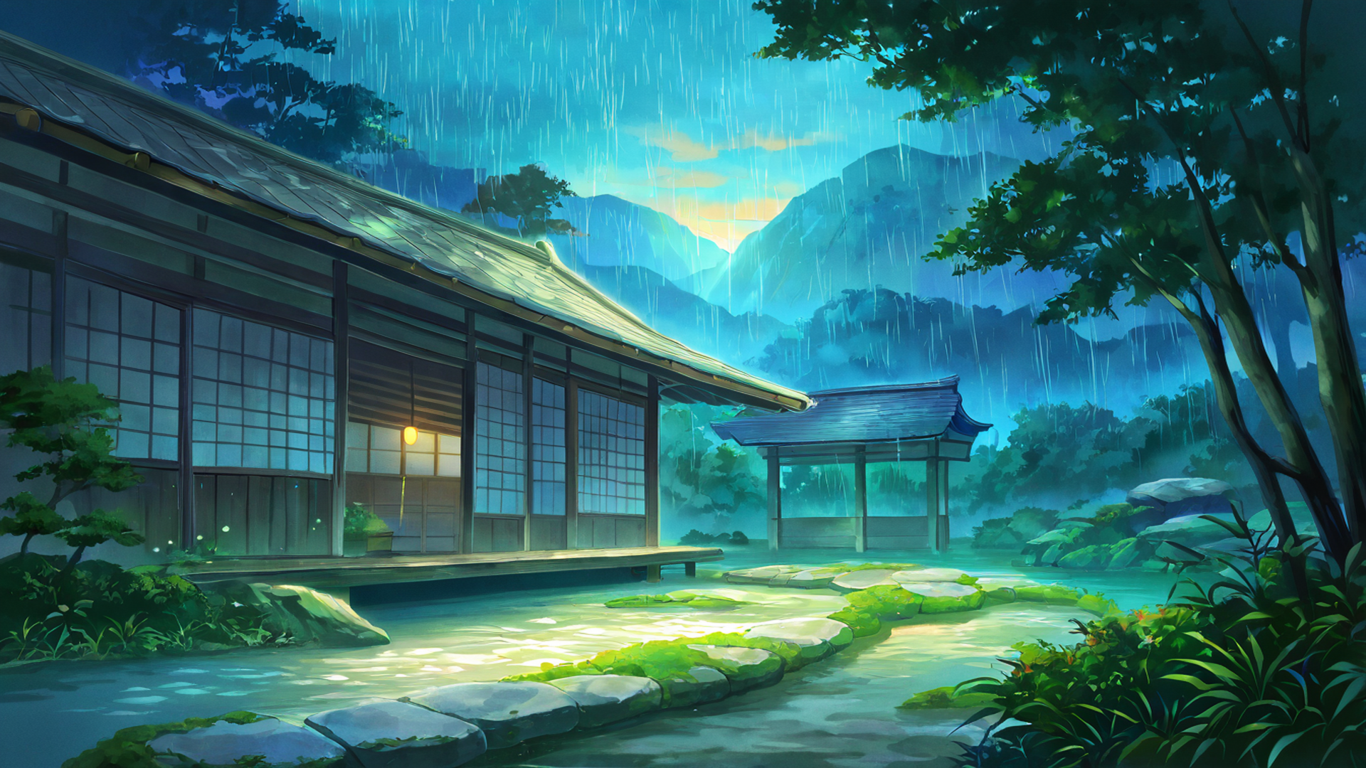 rainy porch engawa lofi wallpaper