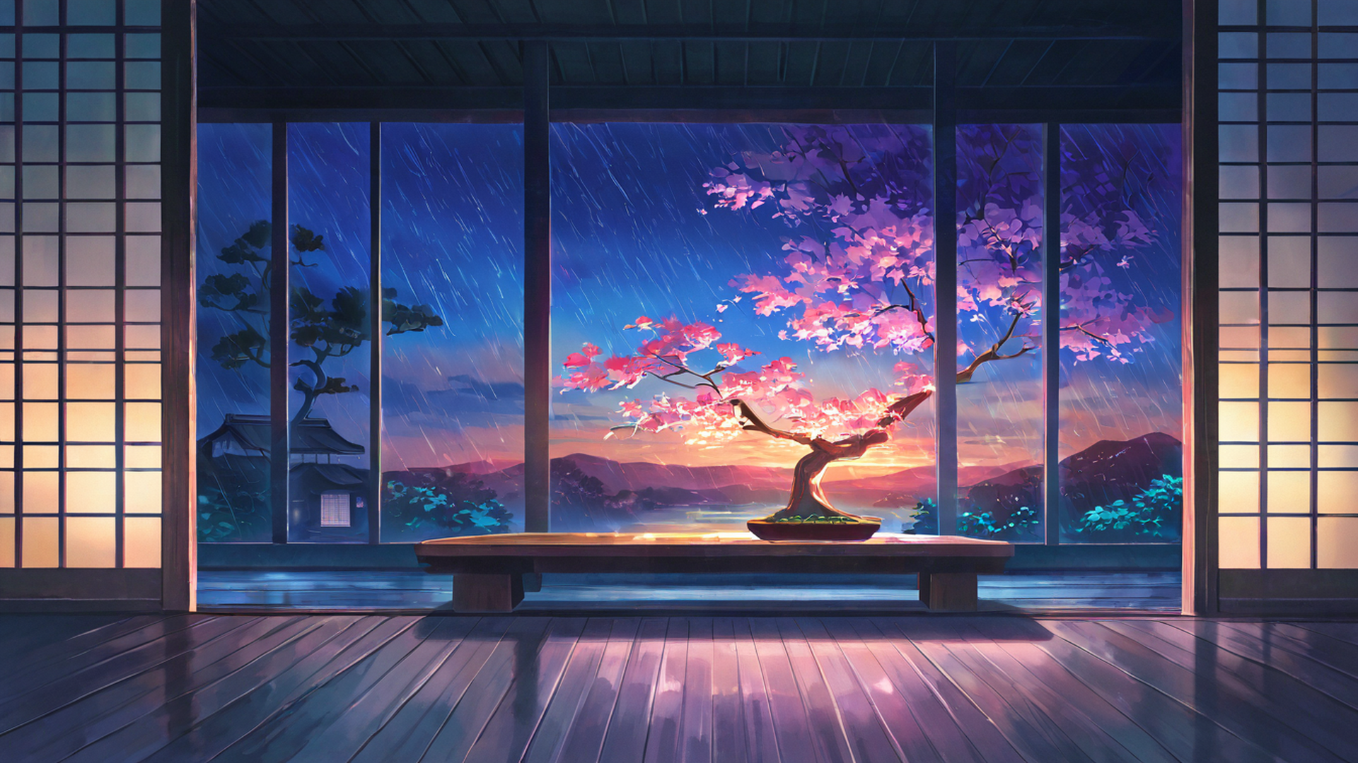 rainy porch engawa lofi wallpaper