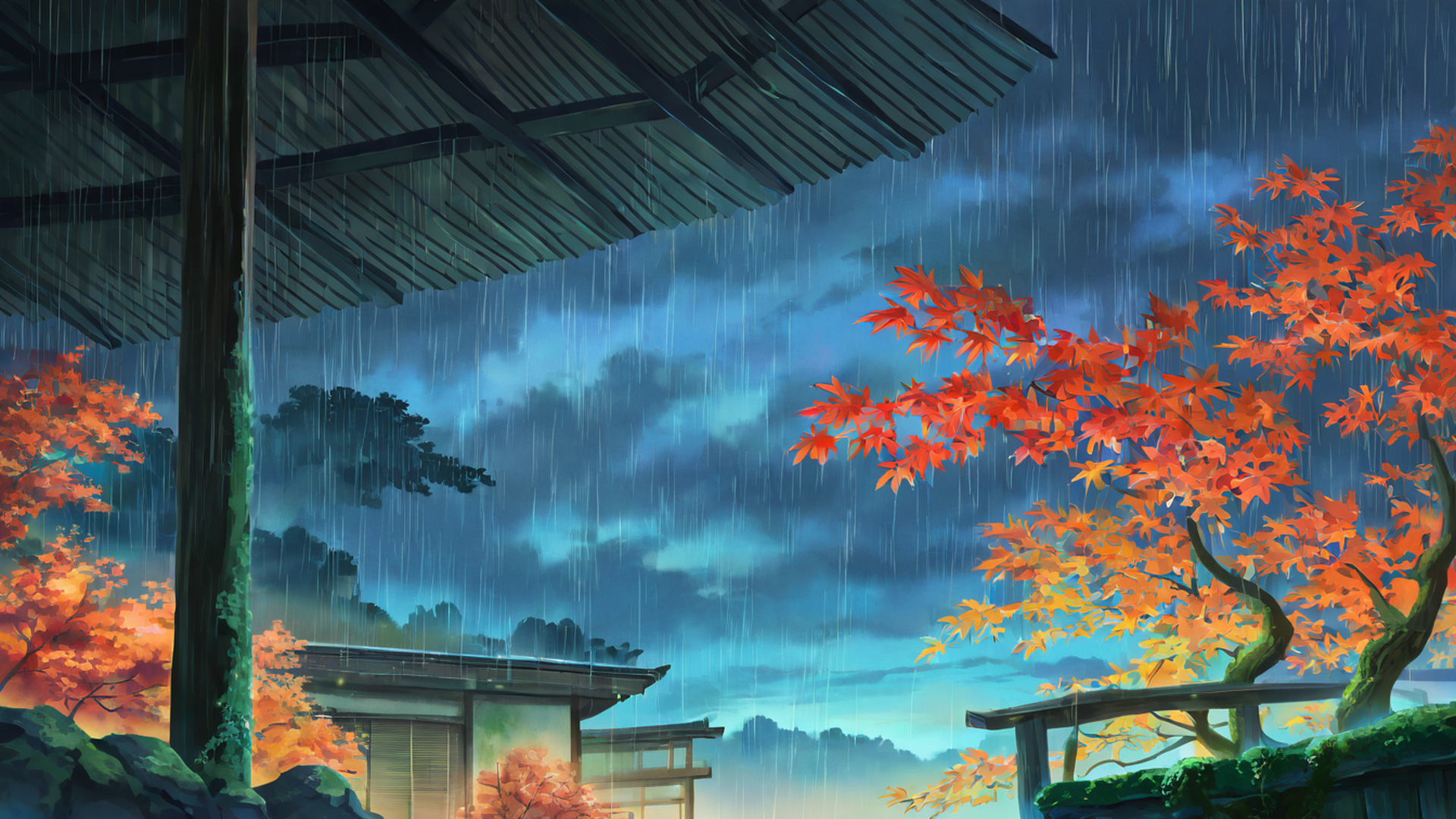 rainy porch engawa lofi wallpaper