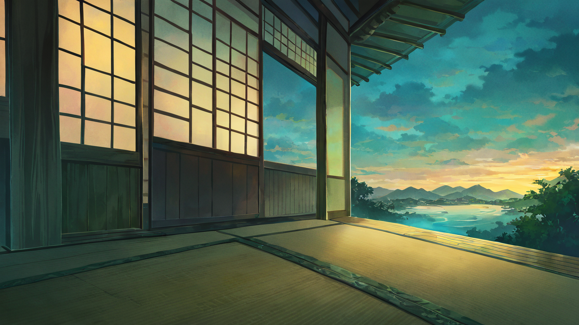 rainy porch engawa lofi wallpaper