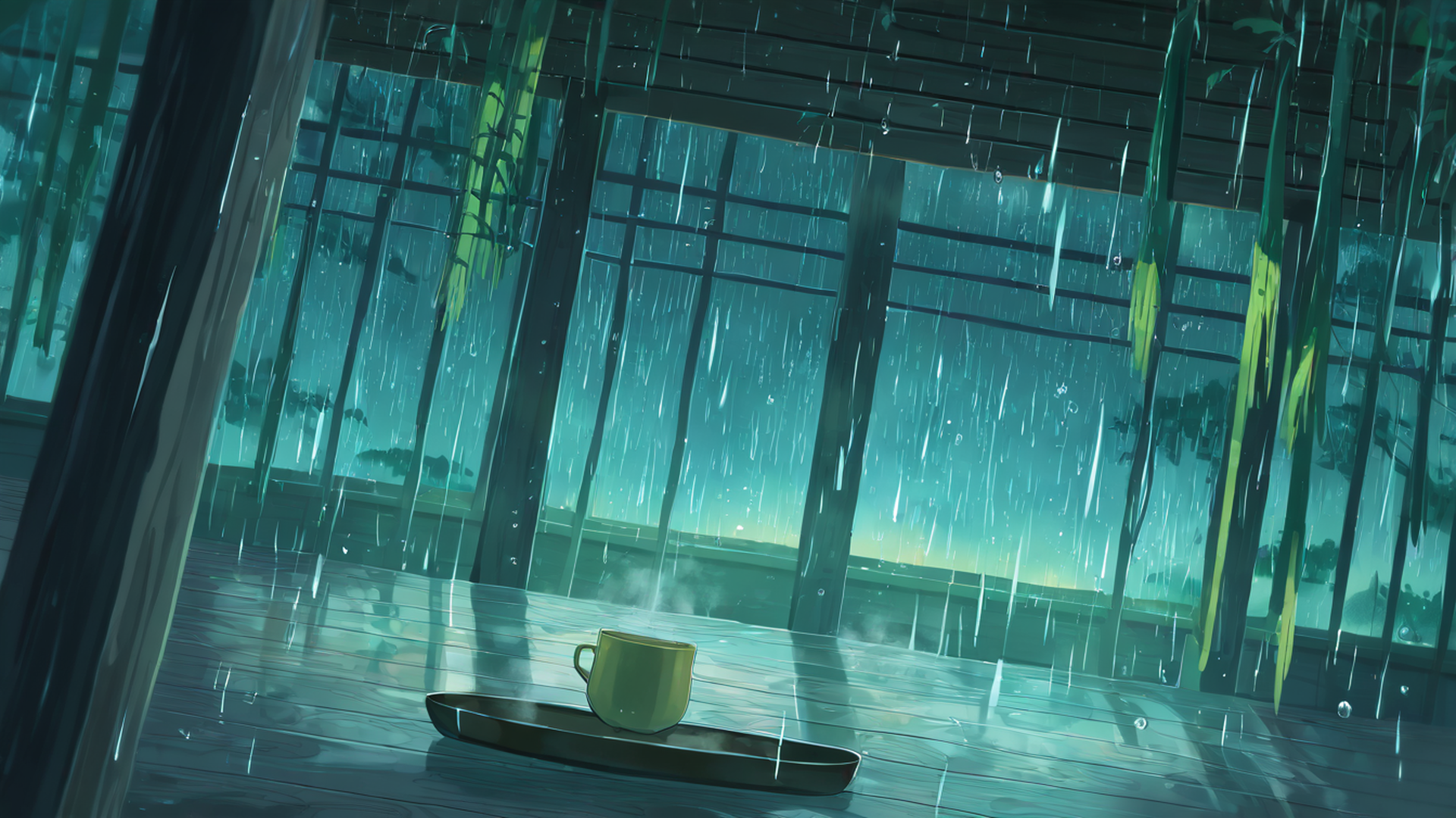 rainy porch engawa lofi wallpaper