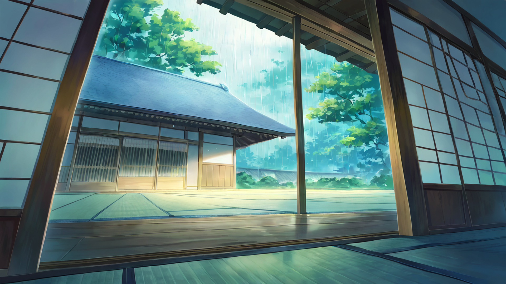 rainy porch engawa lofi wallpaper