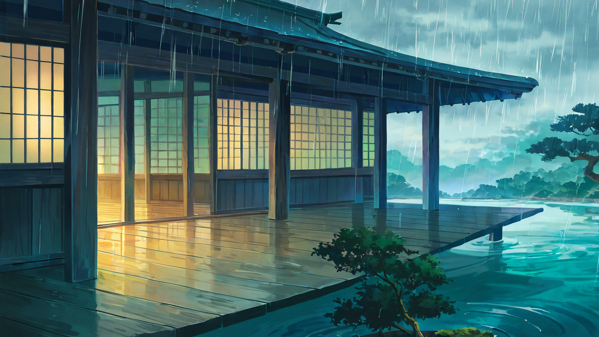 rainy porch engawa lofi wallpaper
