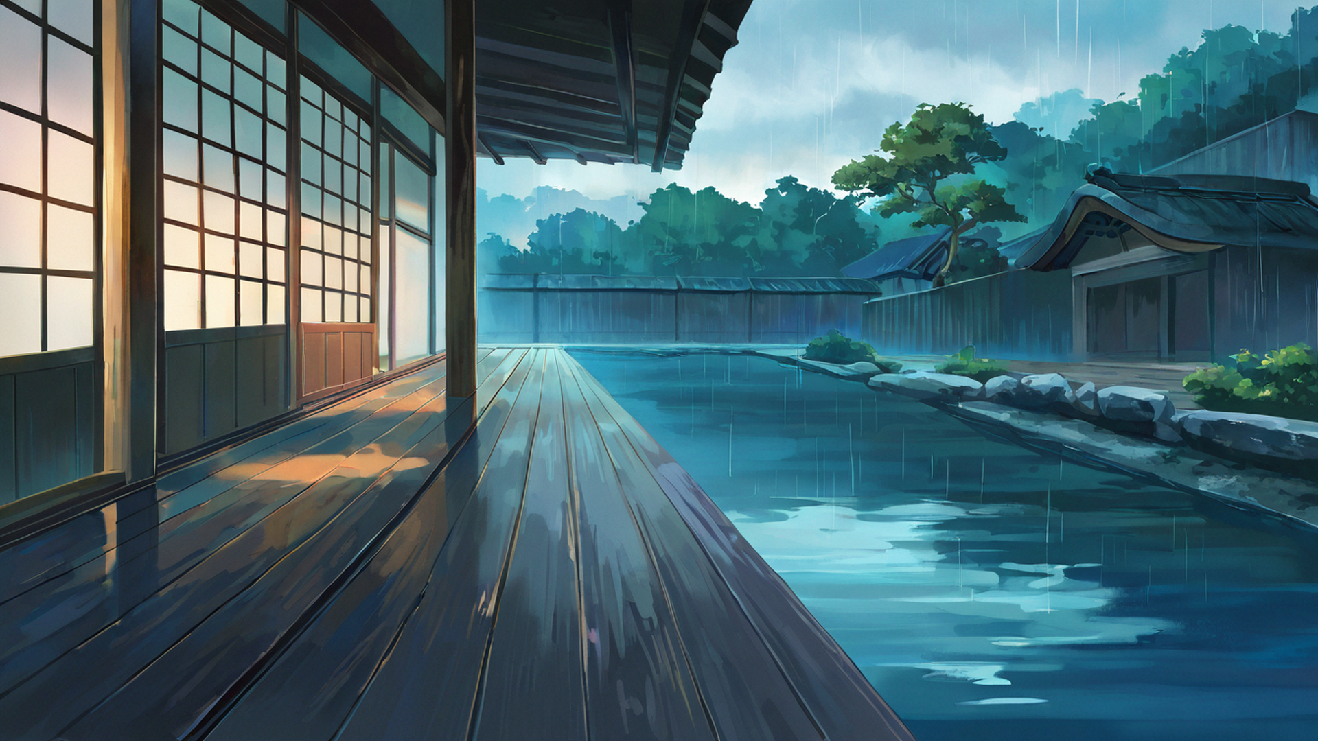 rainy porch engawa lofi wallpaper