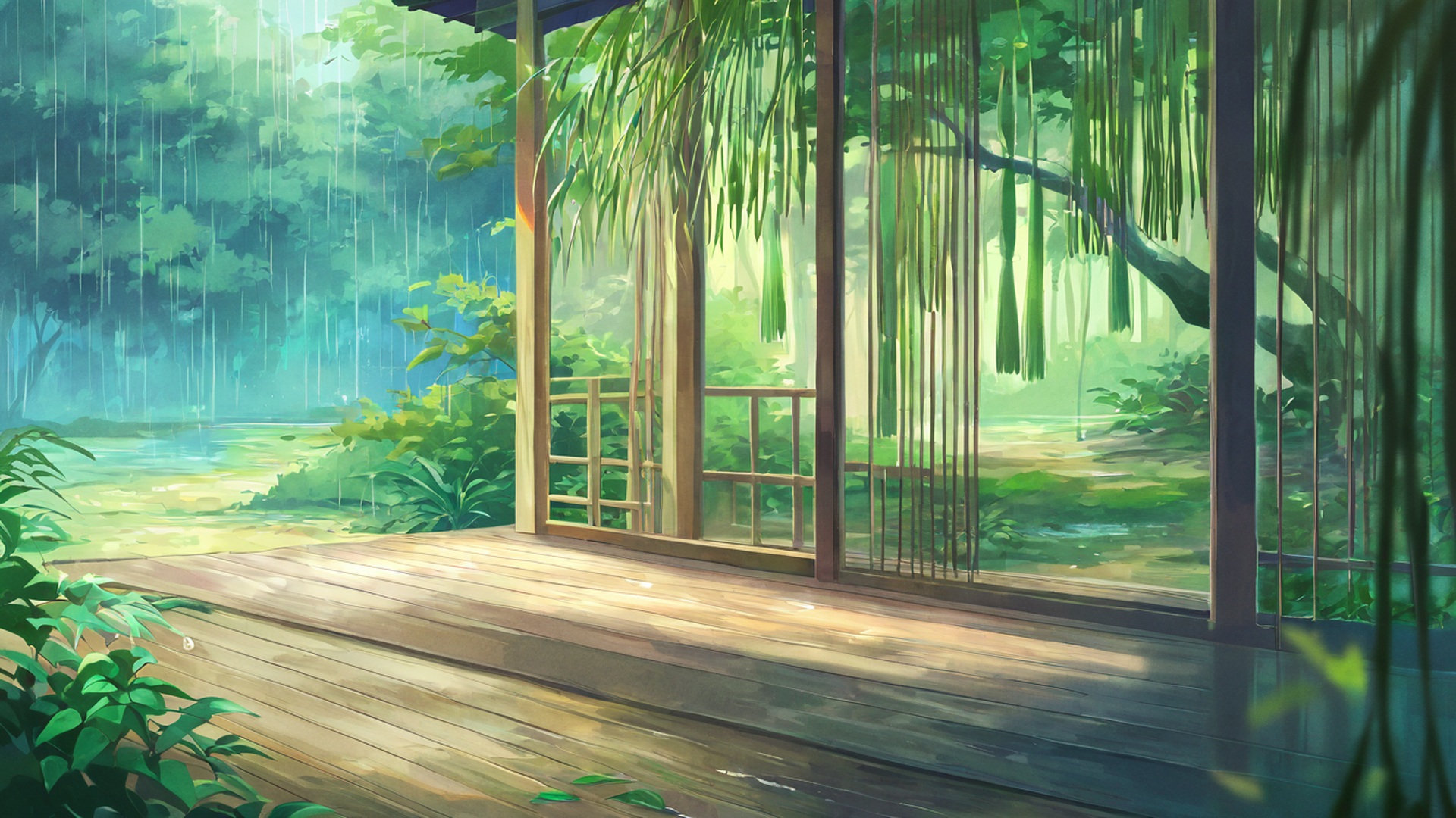 rainy porch engawa lofi wallpaper