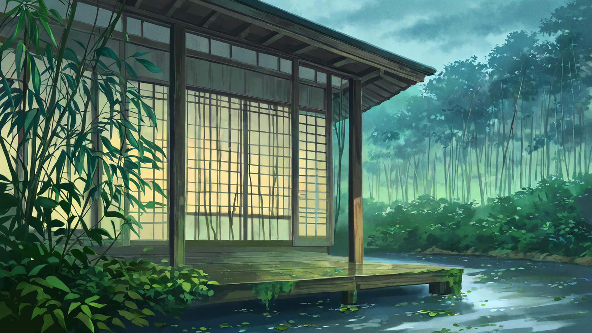 rainy porch engawa lofi wallpaper