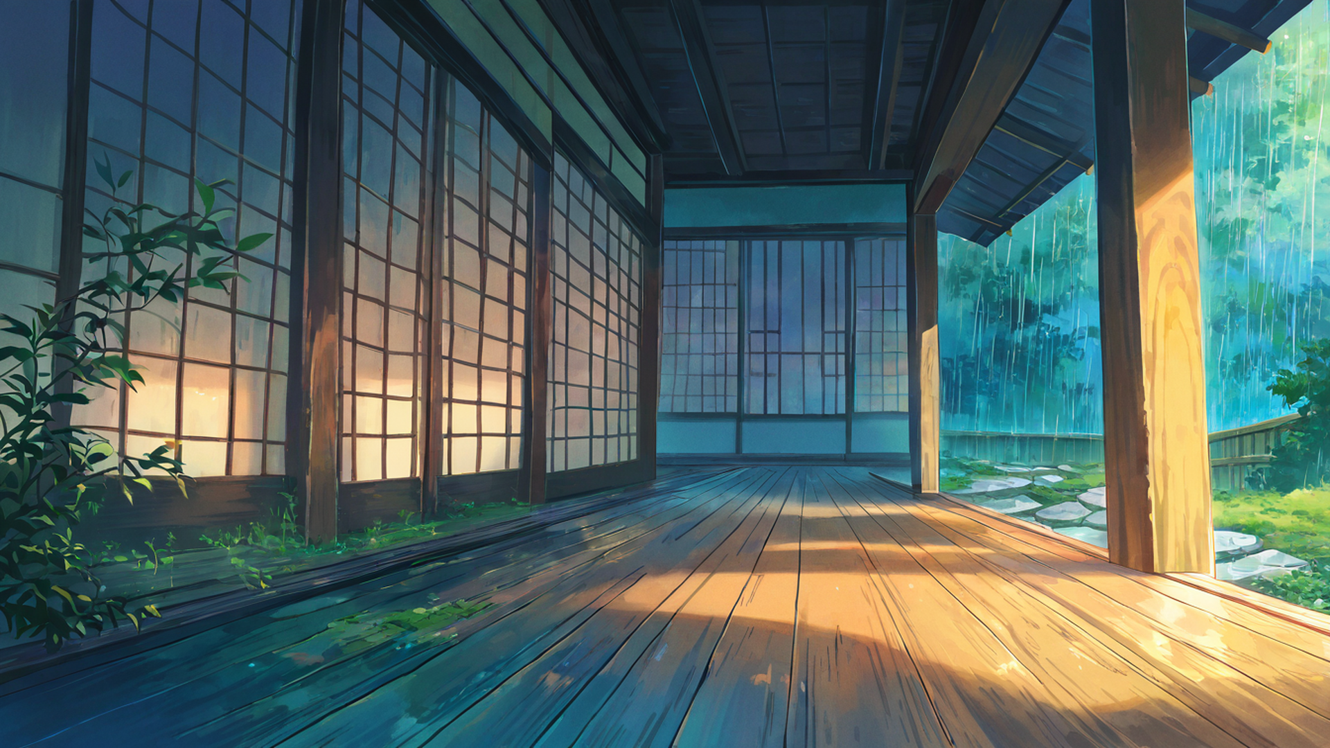 rainy porch engawa lofi wallpaper