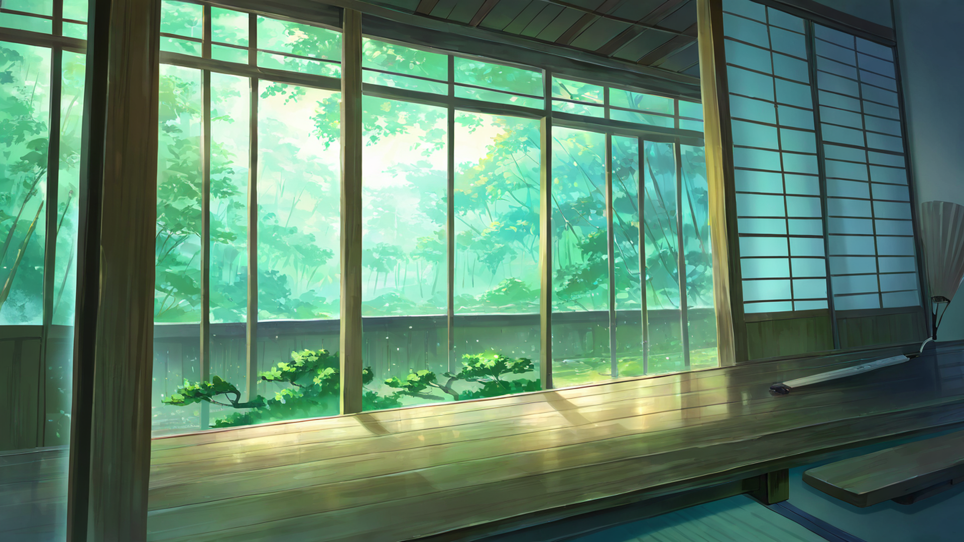 rainy porch engawa lofi wallpaper