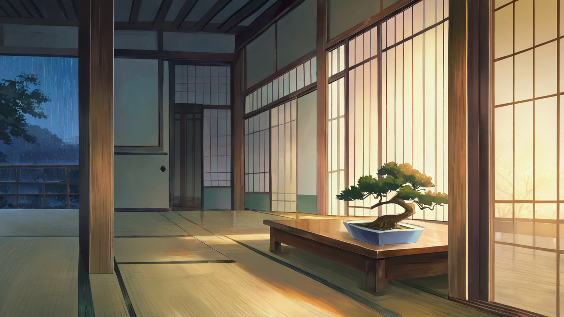 rainy porch engawa lofi wallpaper