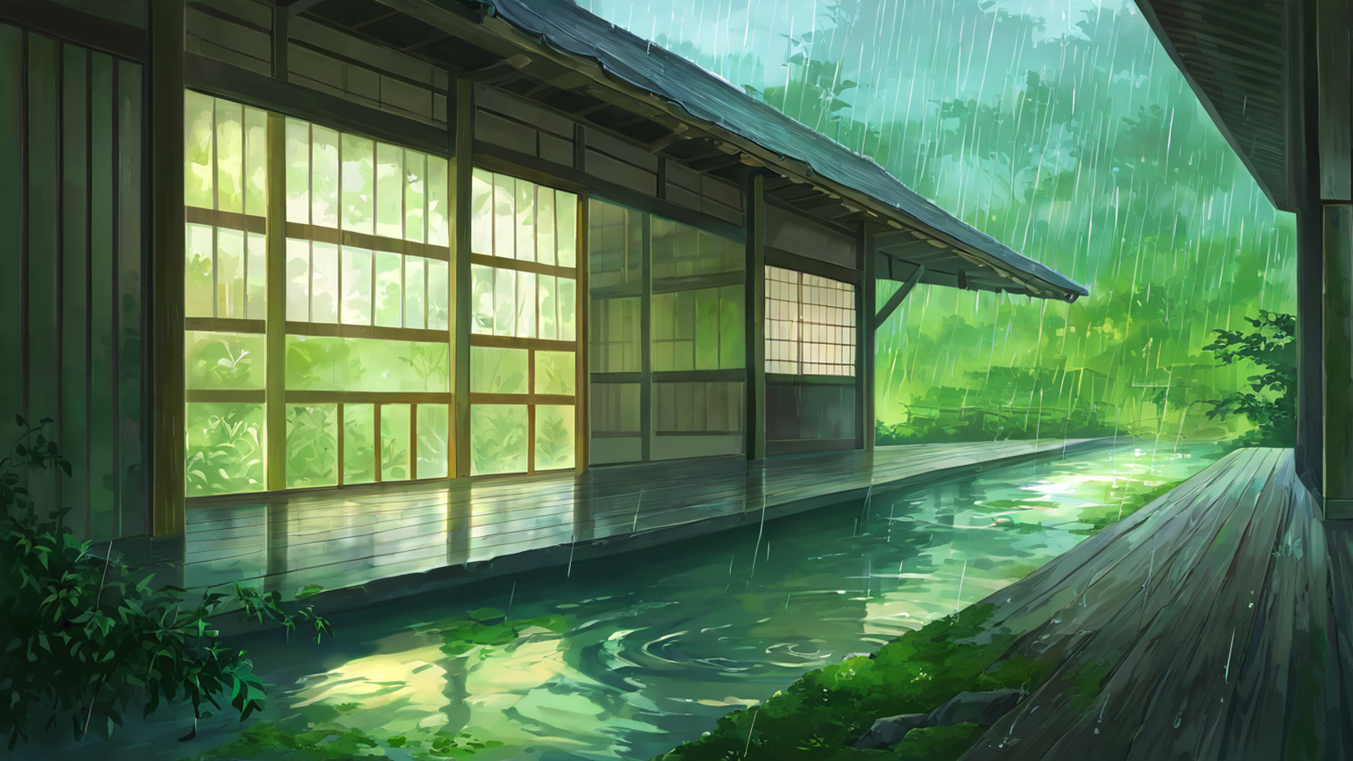 rainy porch engawa lofi wallpaper
