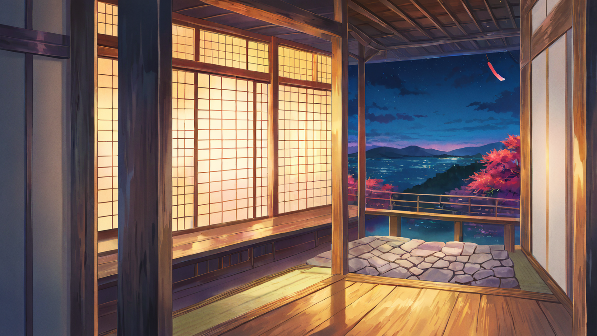 rainy porch engawa lofi wallpaper