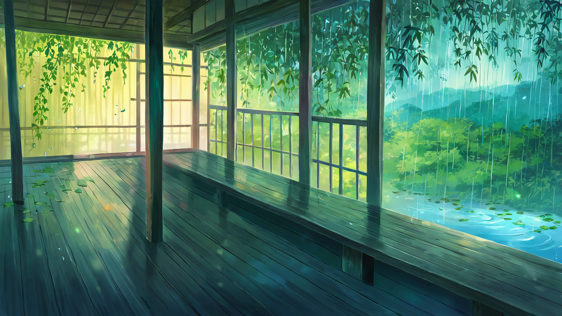 rainy porch engawa lofi wallpaper