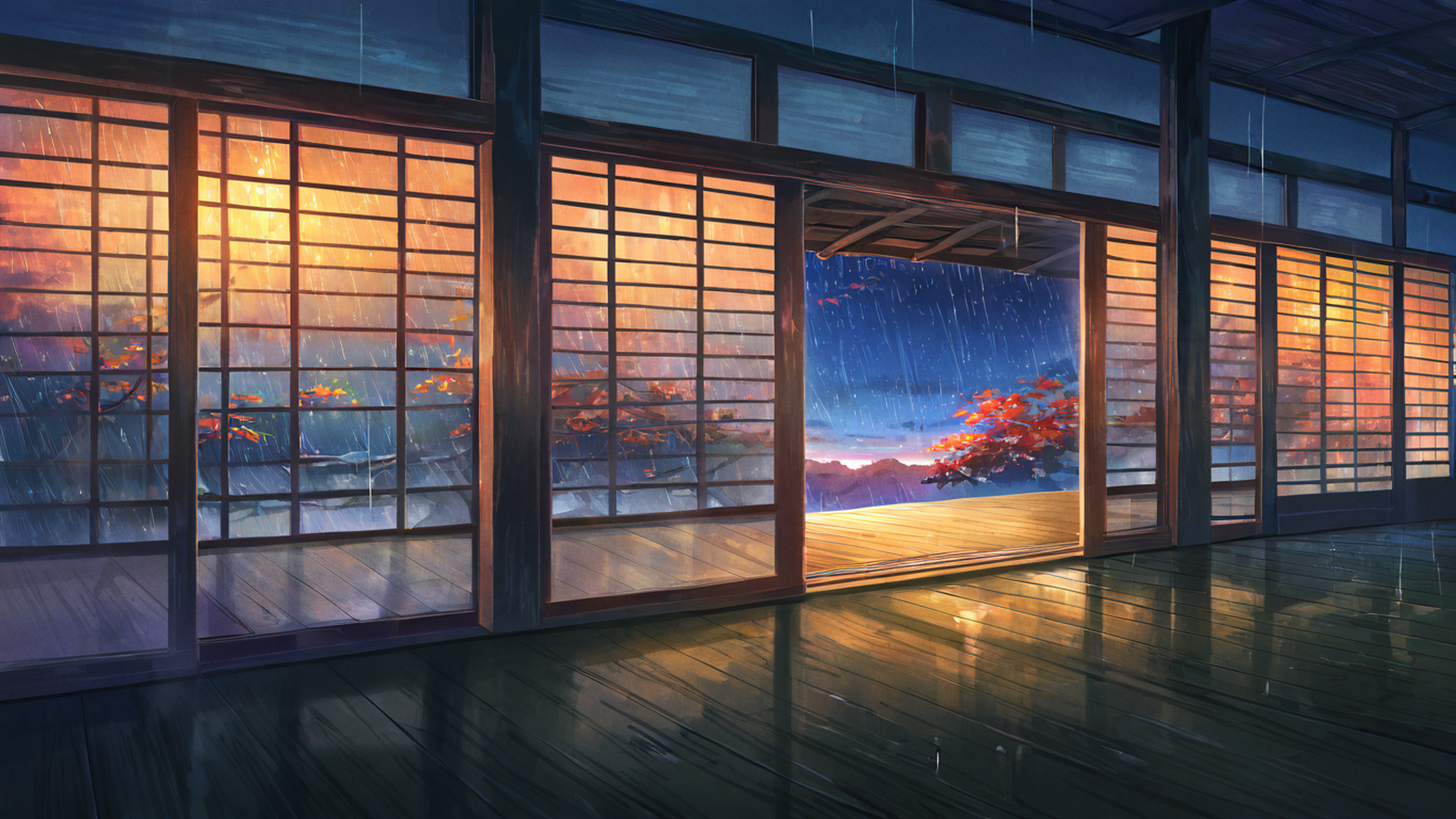 rainy porch engawa lofi wallpaper
